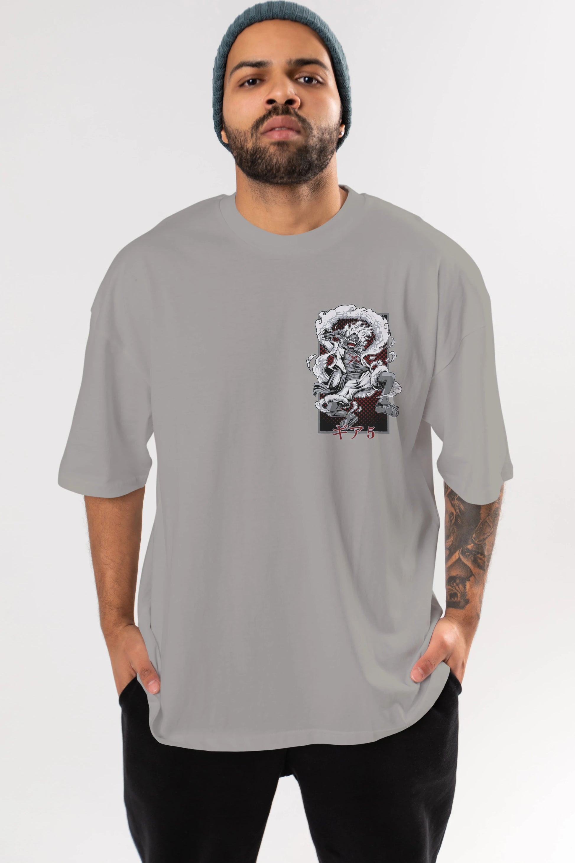 LUFFY GEAR 5 Ön Sol Baskılı Oversize t-shirt Erkek Kadın Unisex %100 Pamuk Bisiklet Yaka tişort