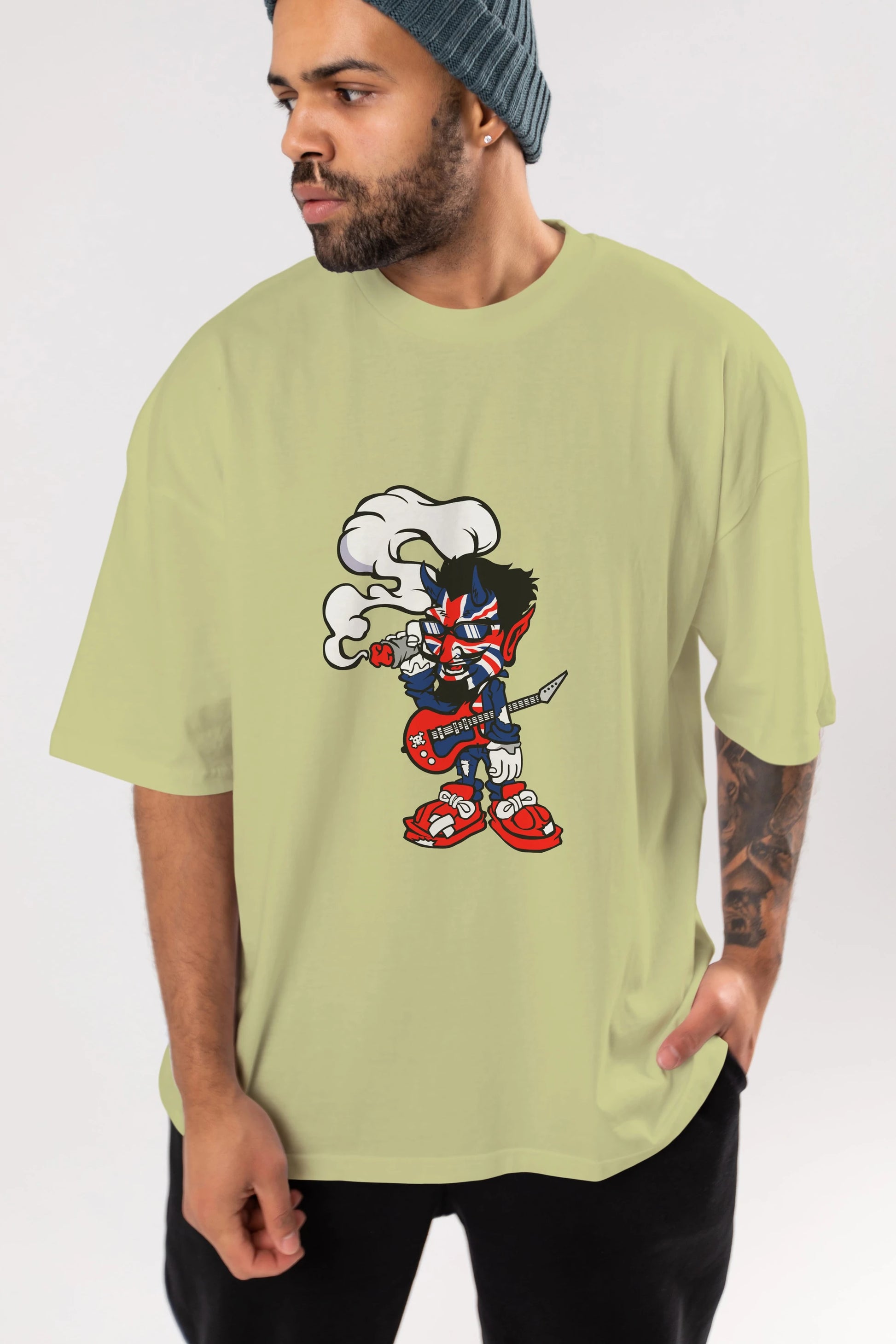 Uk Devil Rockstar Ön Baskılı Oversize t-shirt Erkek Kadın Unisex %100 Pamuk tişort
