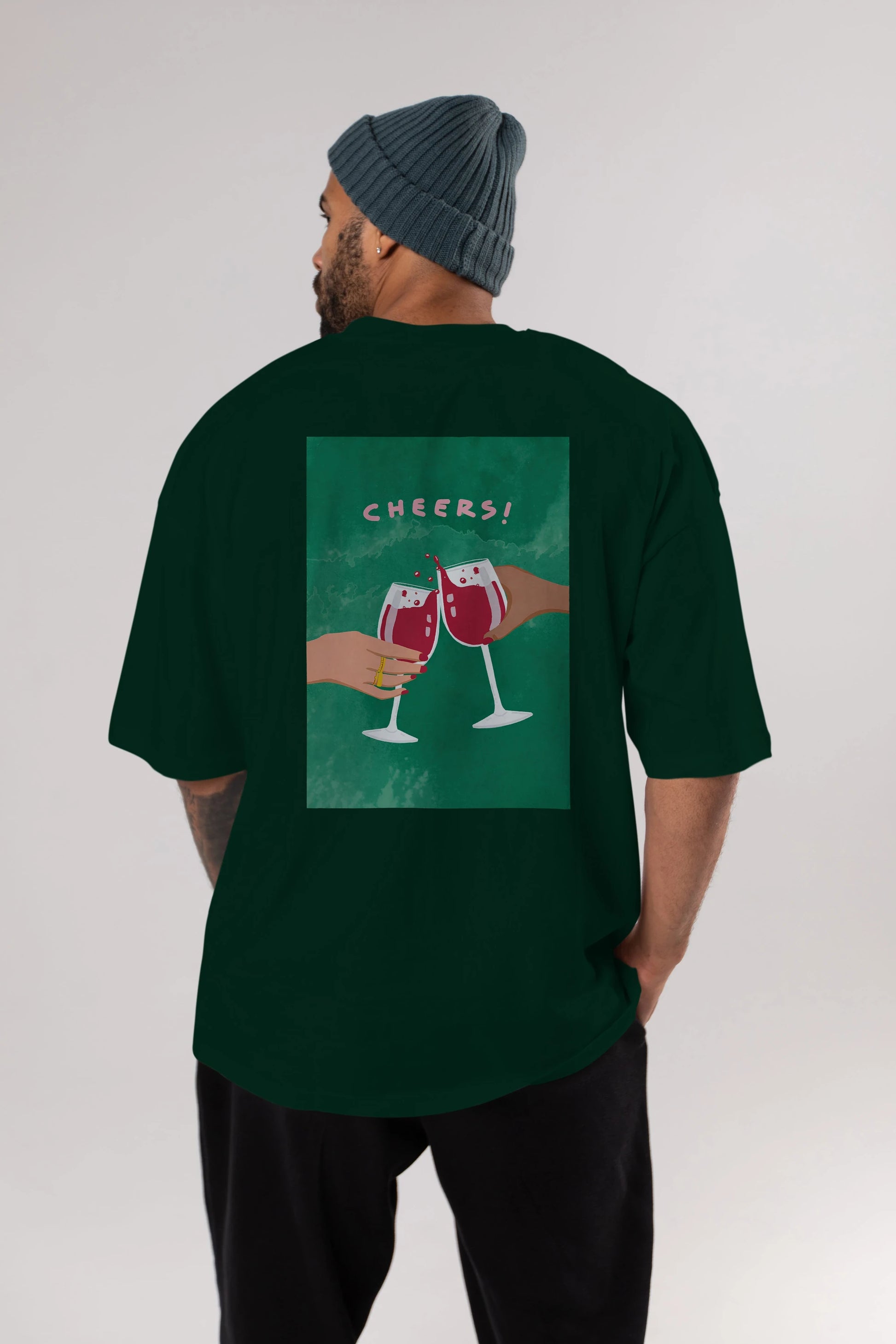 Cheers Arka Baskılı Oversize t-shirt Erkek Kadın Unisex %100 Pamuk Bisiklet Yaka tişort