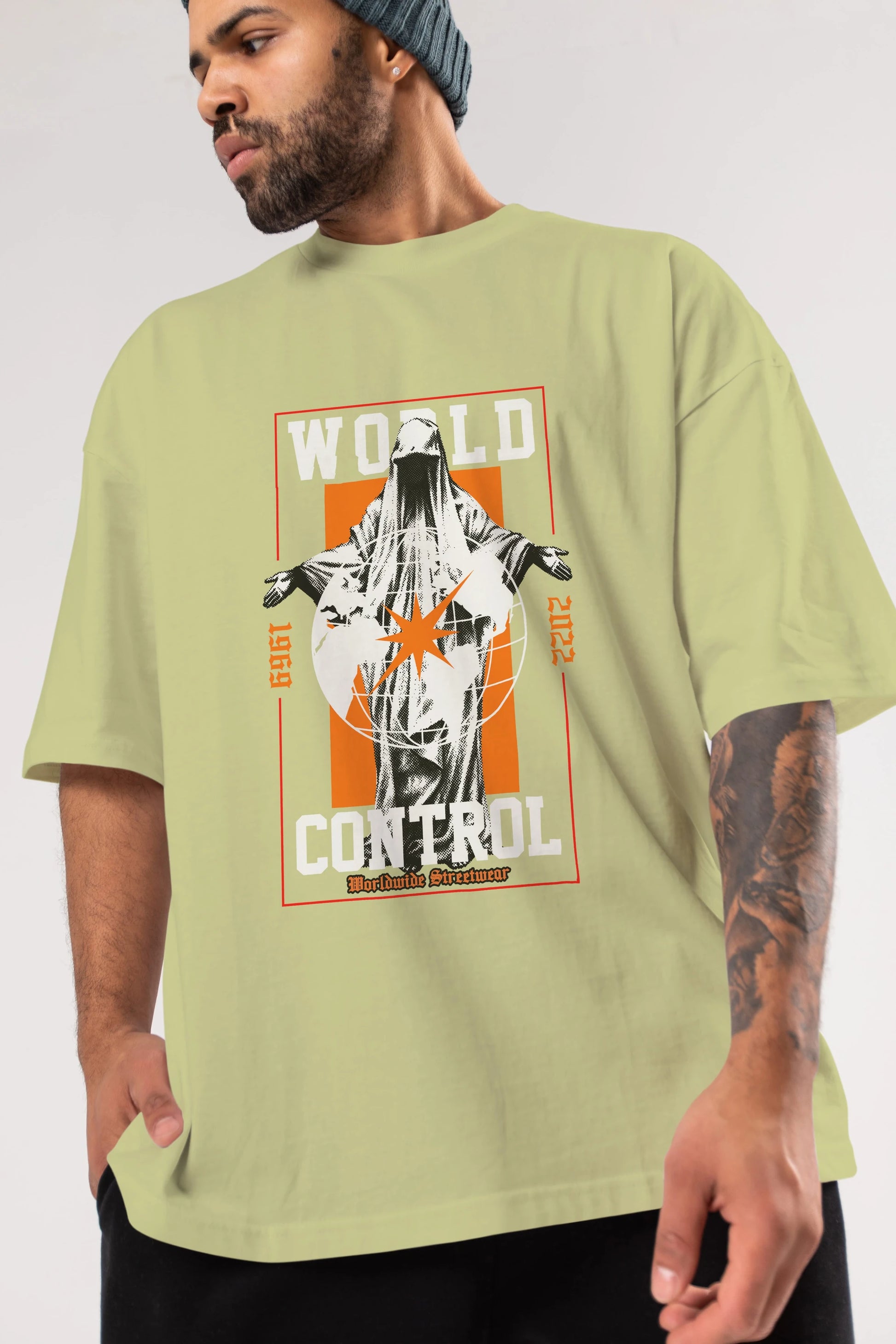 World Control Ön Baskılı Oversize t-shirt Erkek Kadın Unisex