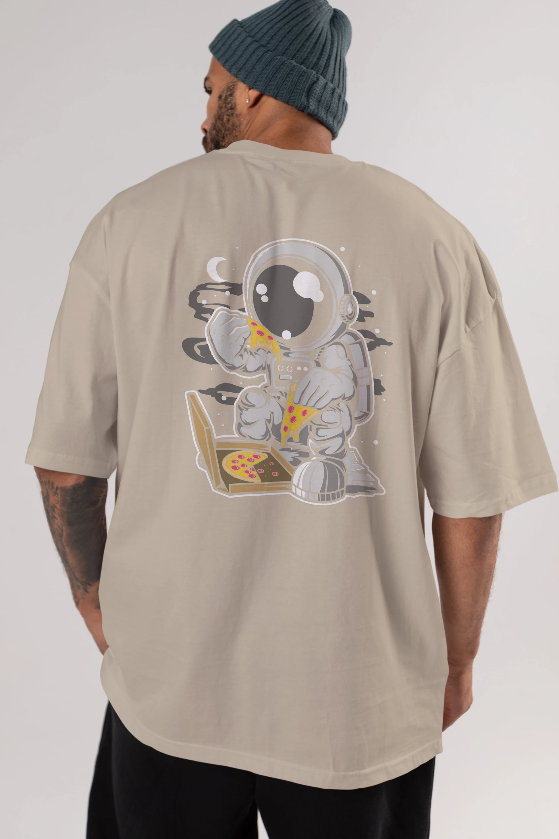 Astronaut Pizza Arka Baskılı Oversize t-shirt Erkek Kadın Unisex