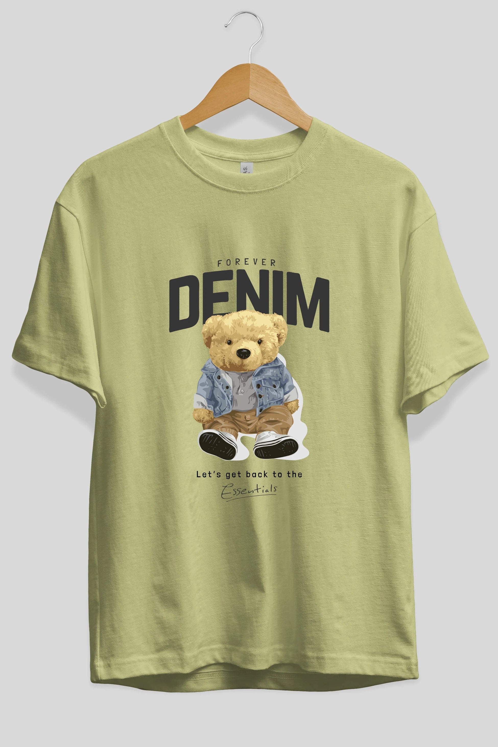 Teddy Bear Forever Denim Ön Baskılı Oversize t-shirt Erkek Kadın Unisex %100 Pamuk
