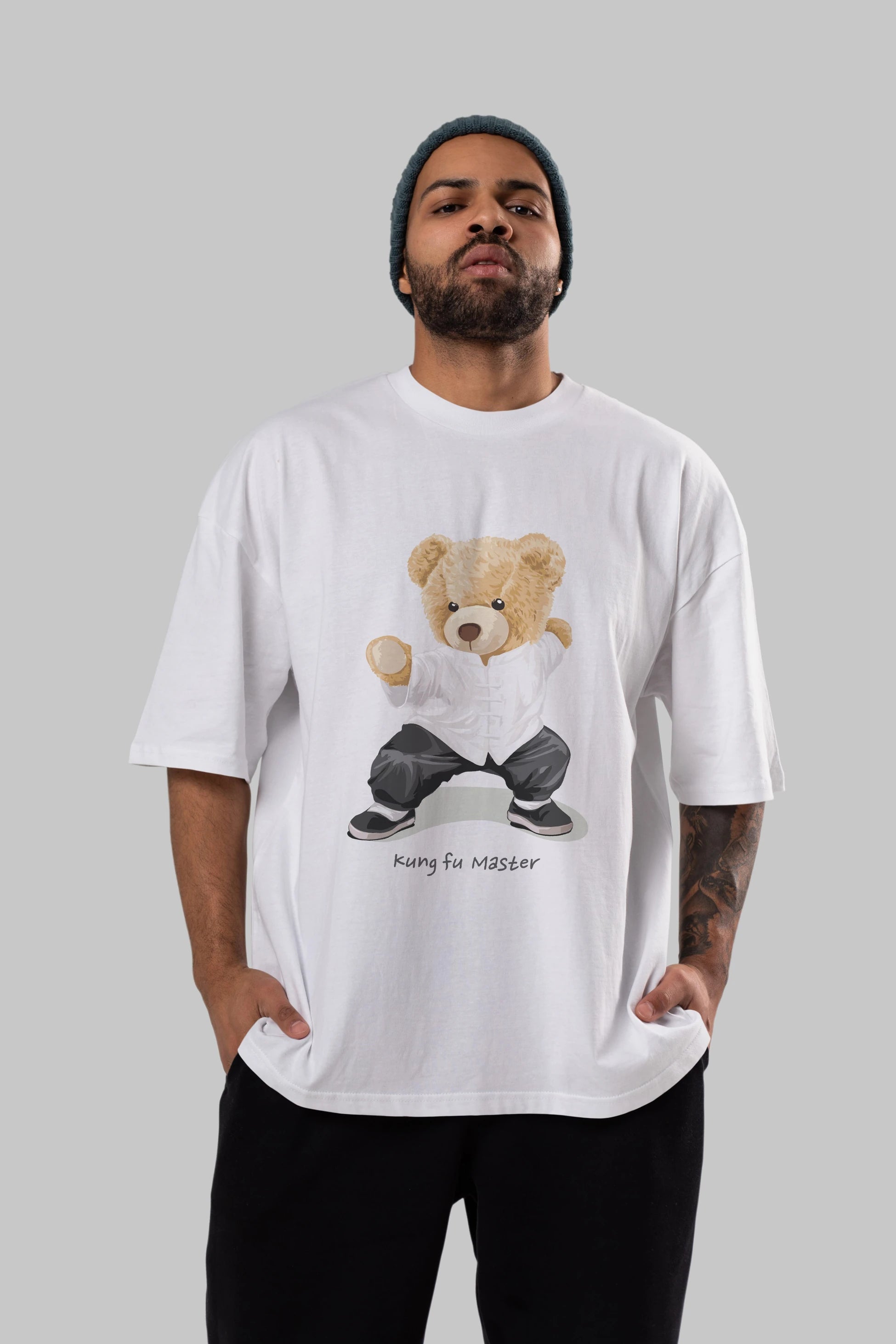 Teddy Bear Kung Fu Master Ön Baskılı Oversize t-shirt Erkek Kadın Unisex %100 Pamuk