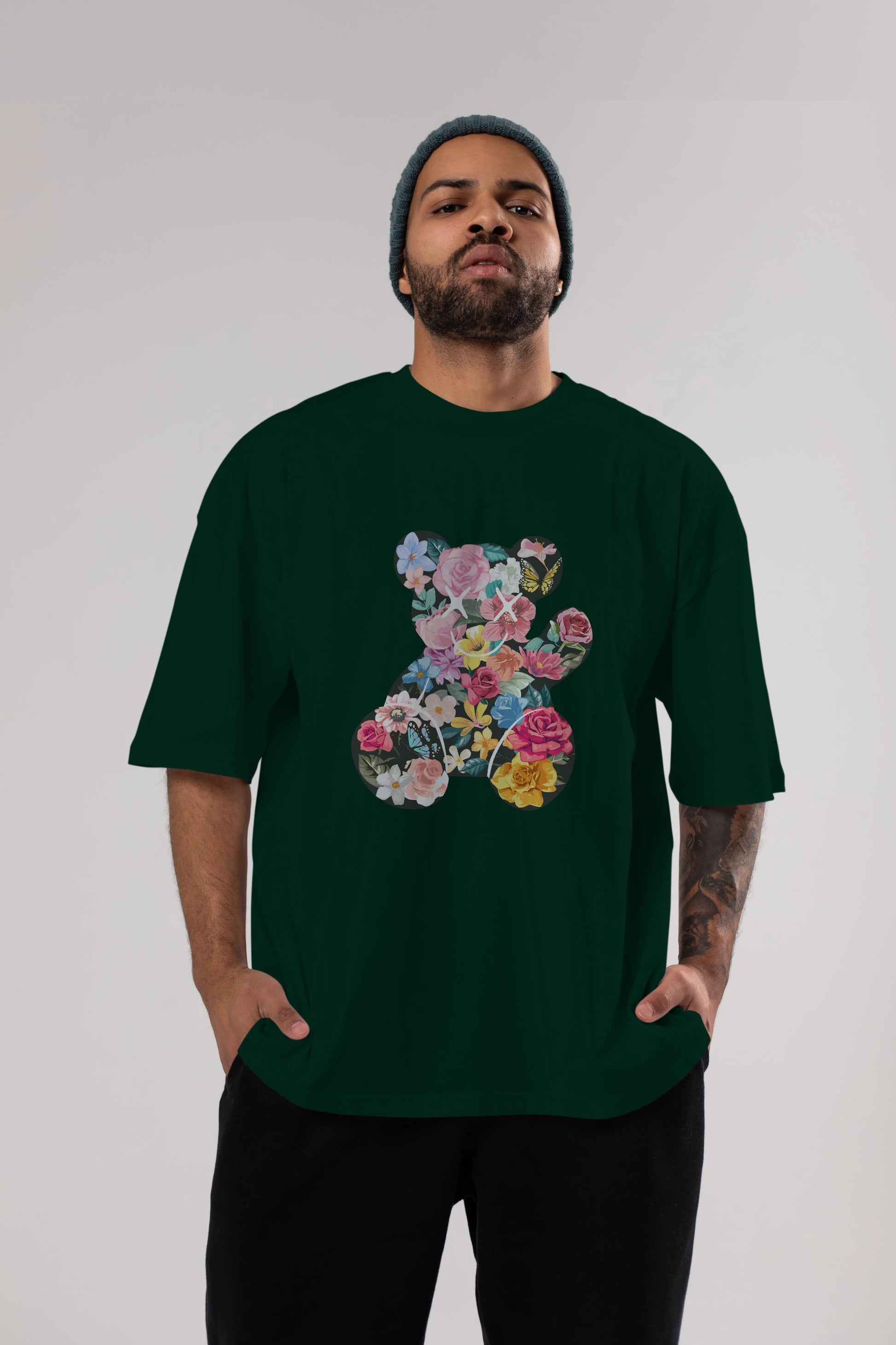 Flowers Bear Ön Baskılı Oversize t-shirt Erkek Kadın Unisex