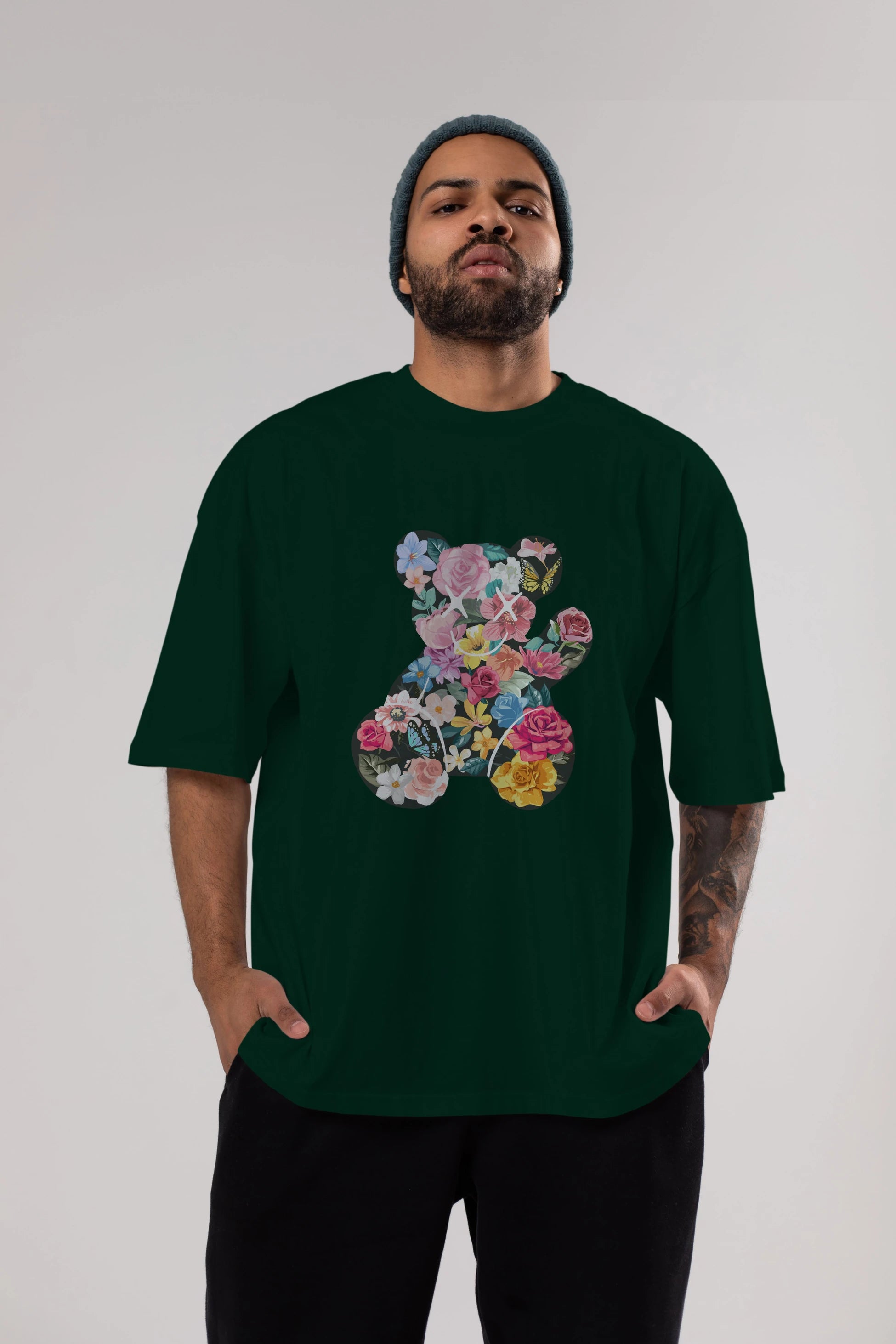 Flowers Bear Ön Baskılı Oversize t-shirt Erkek Kadın Unisex