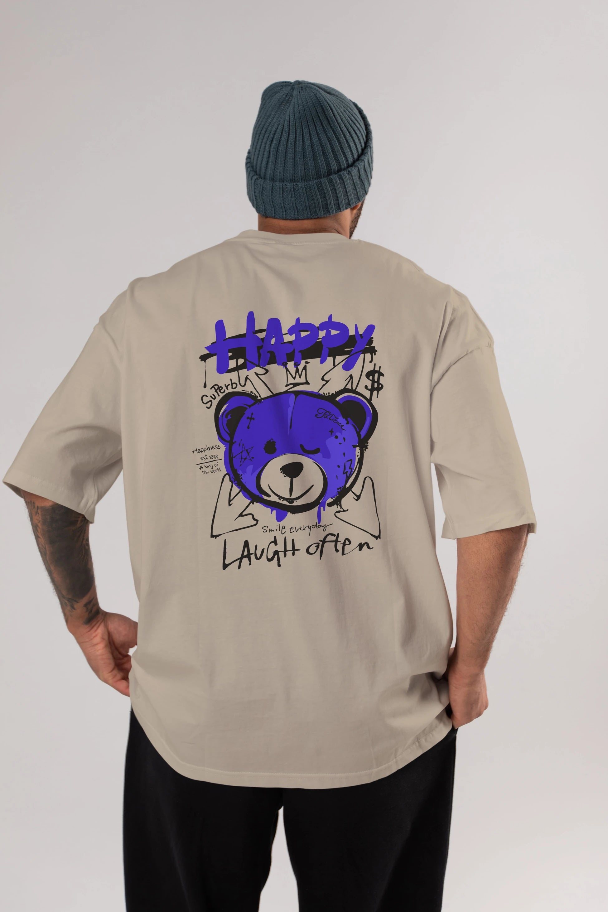 Happy Bear Arka Baskılı Oversize t-shirt Erkek Kadın Unisex