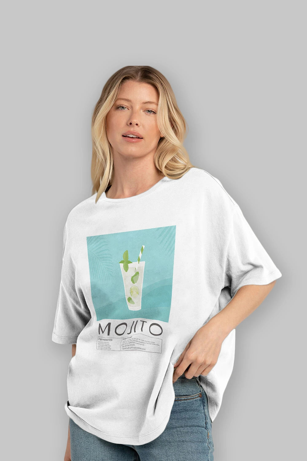 Mojito 4 Ön Baskılı Oversize t-shirt Erkek Kadın Unisex %100 Pamuk Bisiklet Yaka tişort