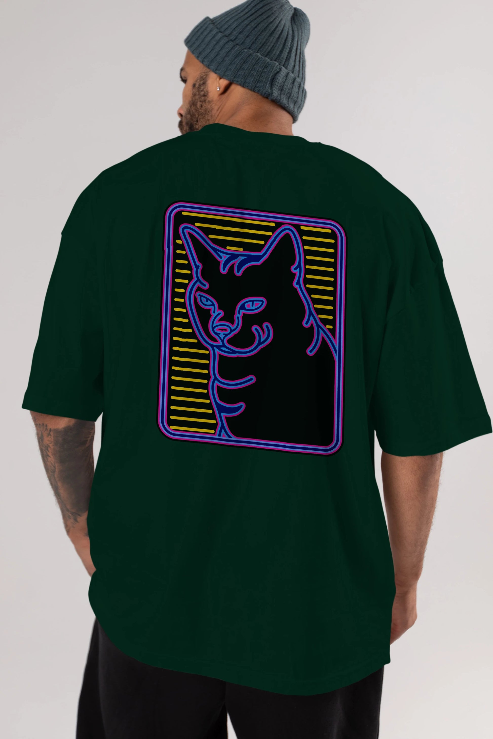 Neon Cat Arka Baskılı Oversize t-shirt Erkek Kadın Unisex