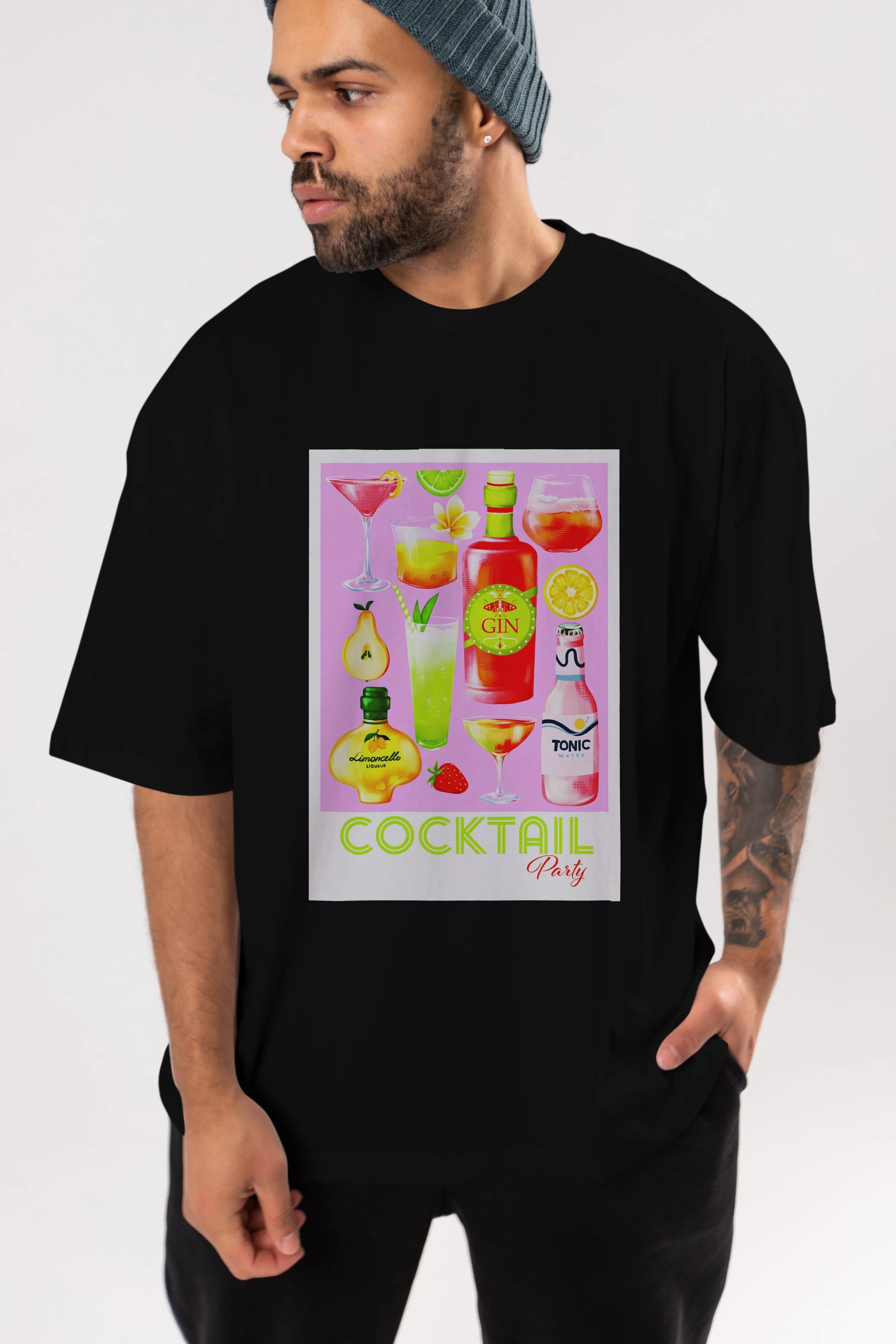 Cocktail Party Ön Baskılı Oversize t-shirt Erkek Kadın Unisex %100 Pamuk Bisiklet Yaka tişort