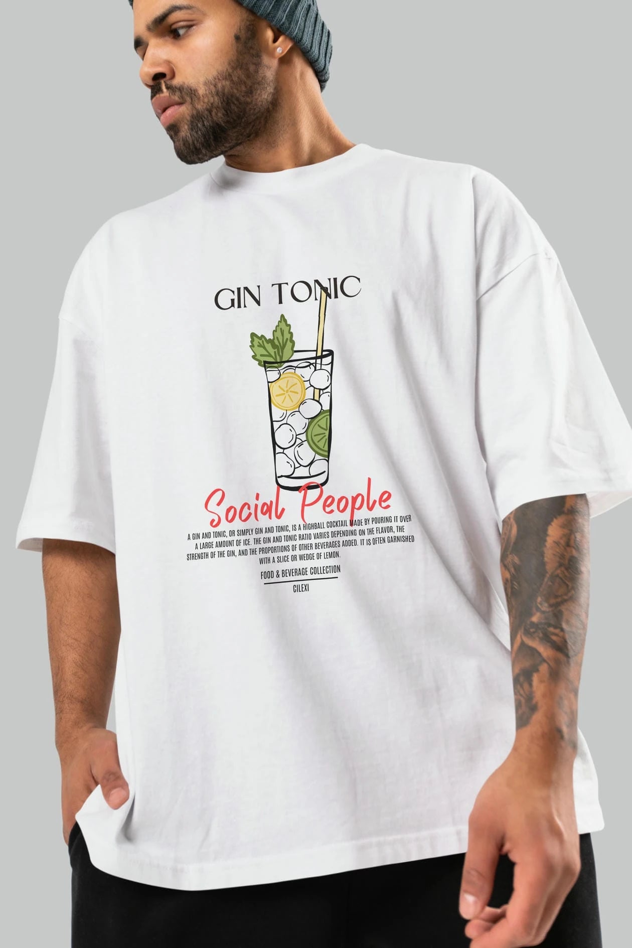 Gın Tonıc Kokteyl Serisi ön Baskılı Oversize t-shirt Erkek Kadın %100 Pamuk Bisiklet Yaka tişort