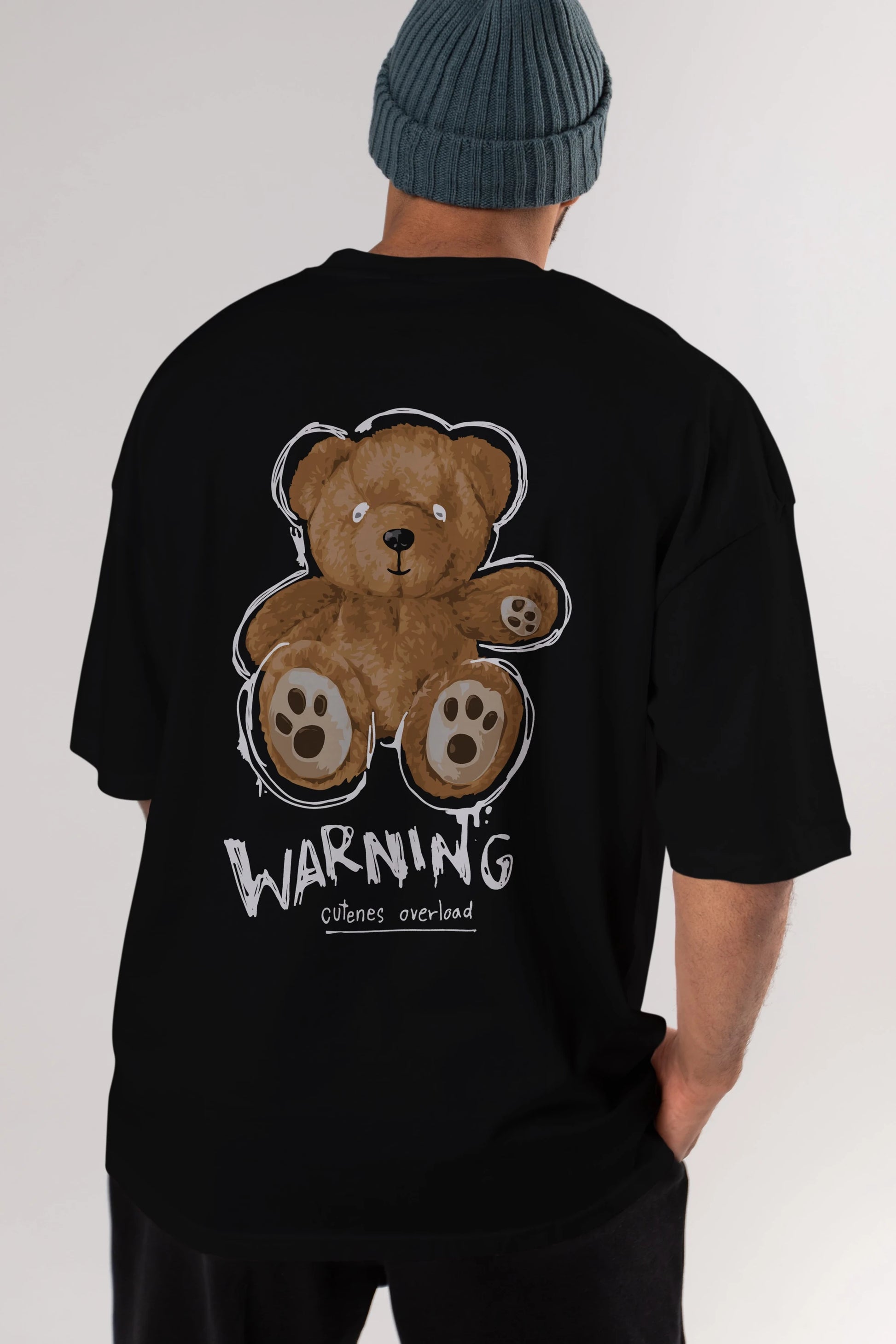 Warning Cuteness Bear Arka Baskılı Oversize t-shirt Erkek Kadın Unisex
