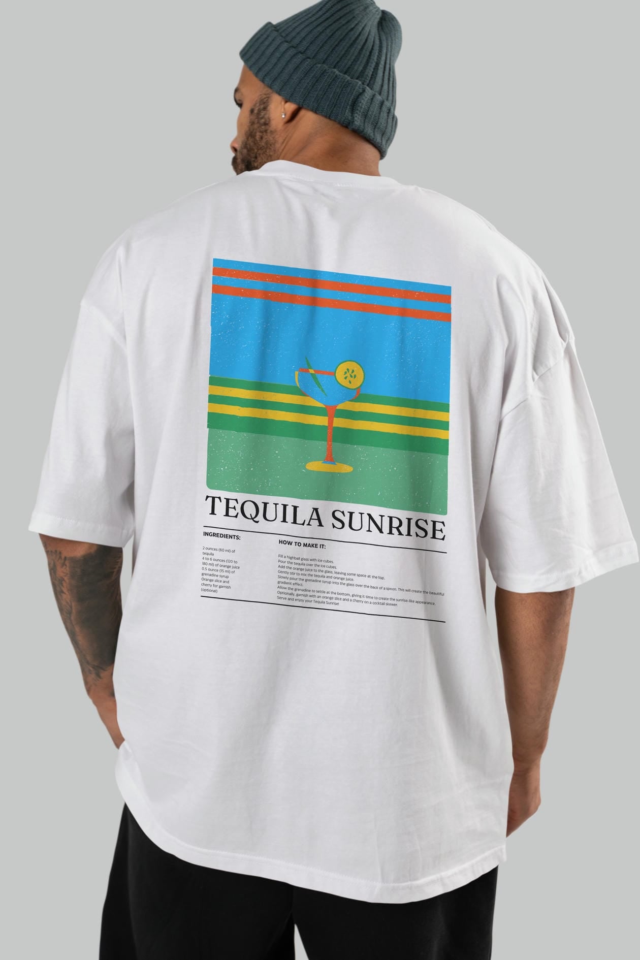 Tequila Sunrise Kokteyl Serisi Arka Baskılı Oversize t-shirt Erkek Kadın %100 Pamuk Bisiklet Yaka tişort