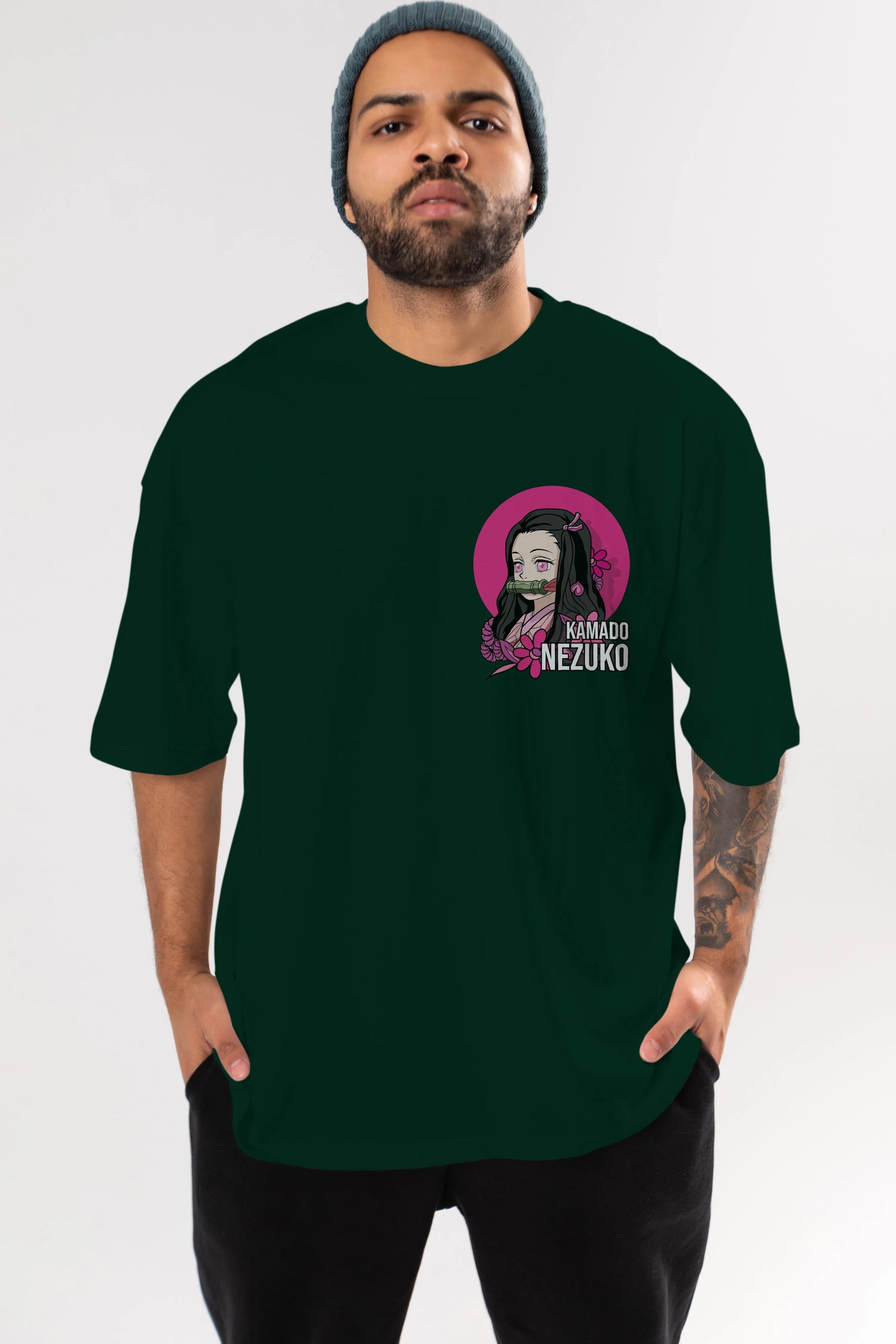 Nezuko Kamado 2 Ön Sol Baskılı Oversize t-shirt Erkek Kadın Unisex %100 Pamuk Bisiklet Yaka tişort