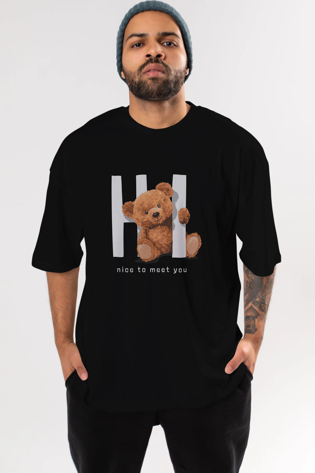 Teddy Bear Hi Nice To Meet You Ön Baskılı Oversize t-shirt Erkek Kadın Unisex %100 Pamuk