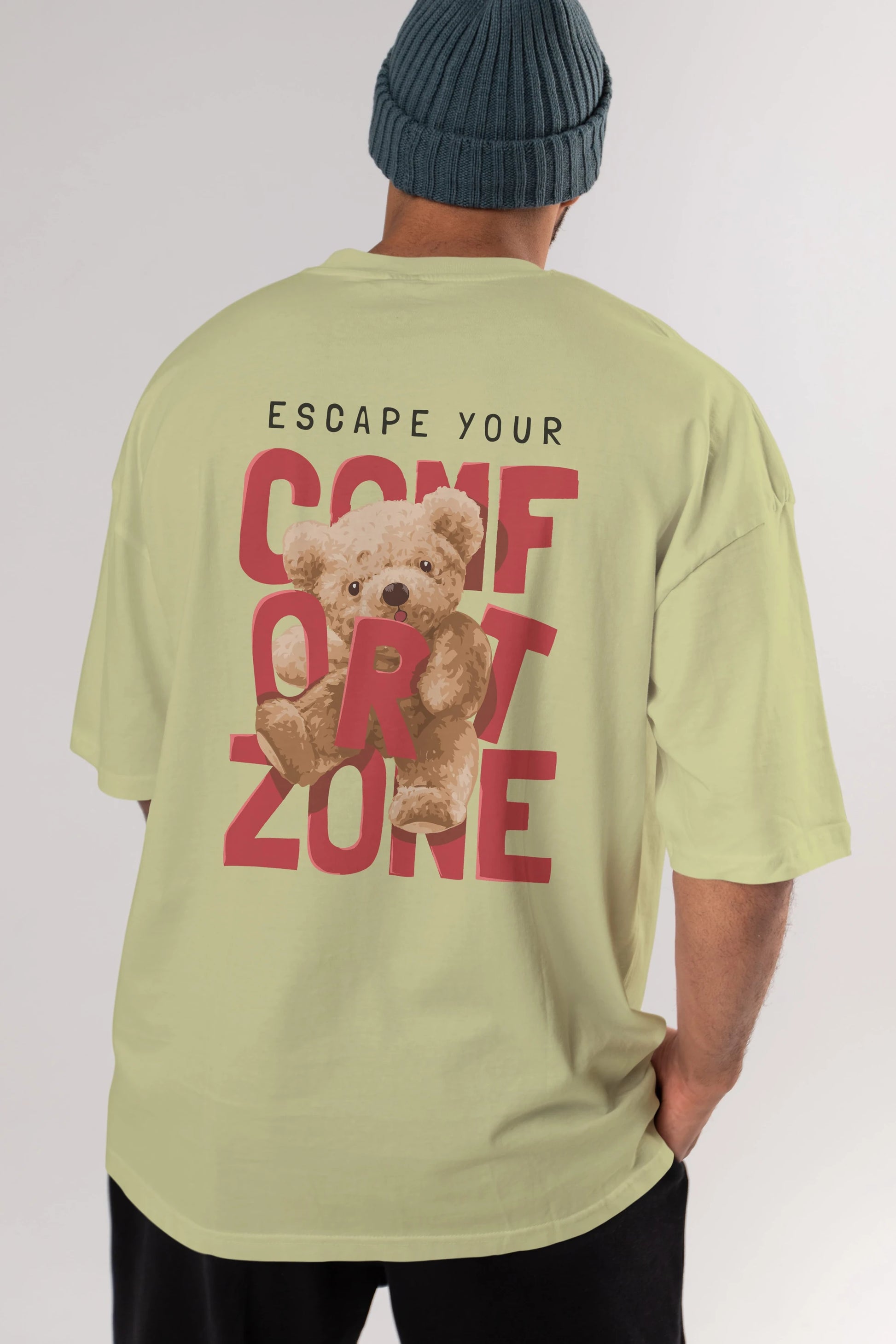Teddy Bear Escape Comfort Zone Arka Baskılı Oversize t-shirt Erkek Kadın Unisex %100 Pamuk