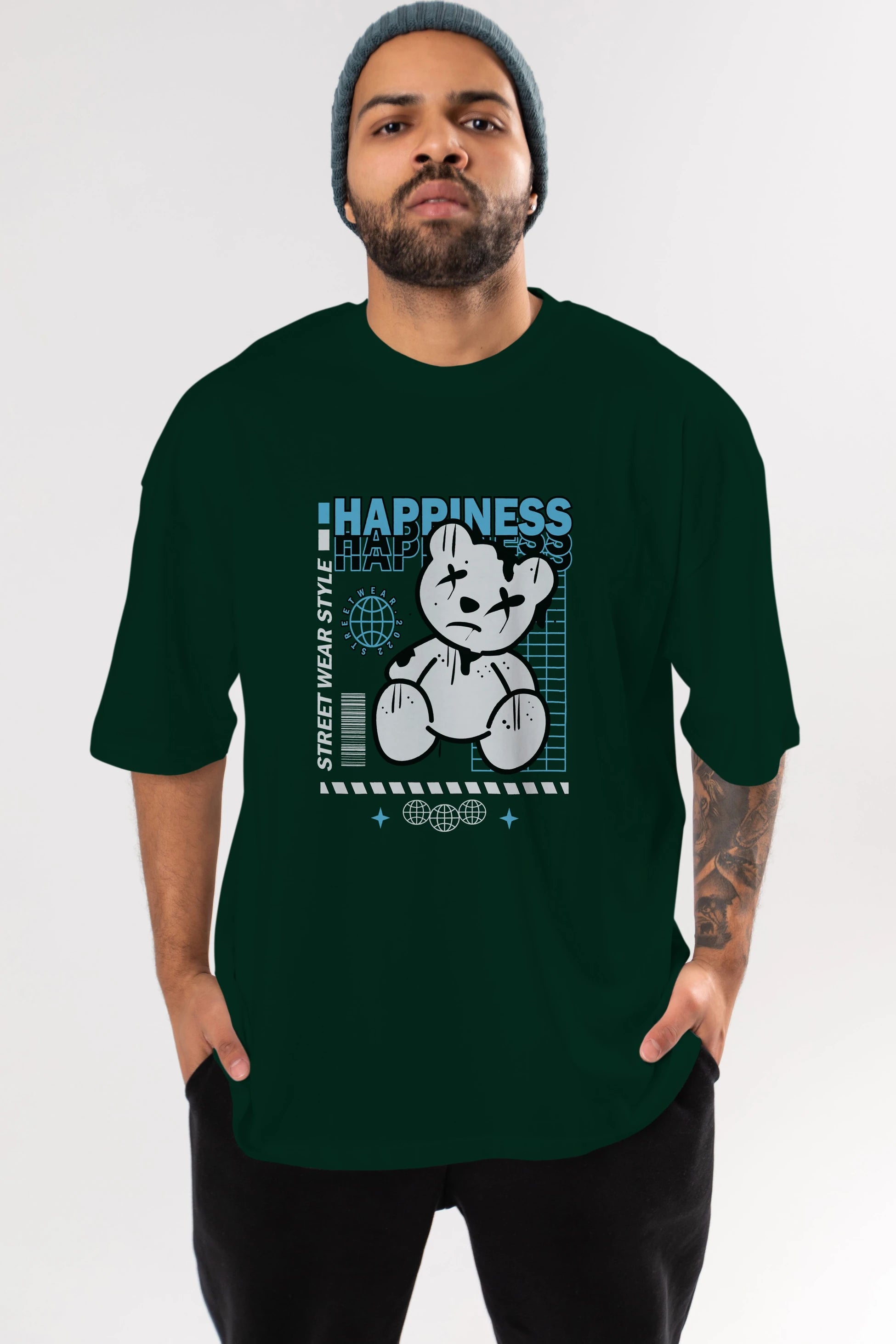 Happiness Bear 2 Ön Baskılı Oversize t-shirt Erkek Kadın Unisex