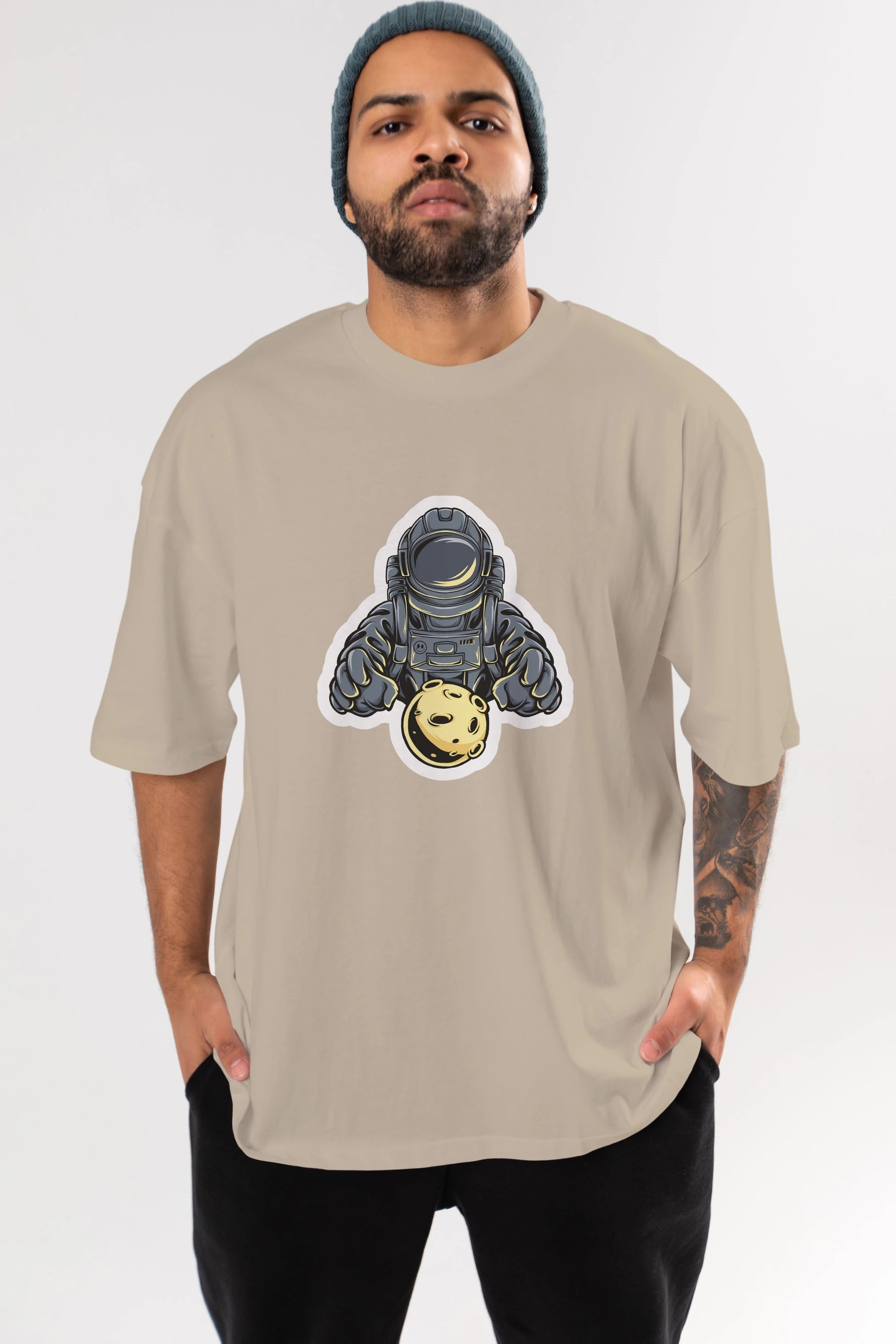 Astromoon sticker Ön Baskılı Oversize t-shirt Erkek Kadın Unisex