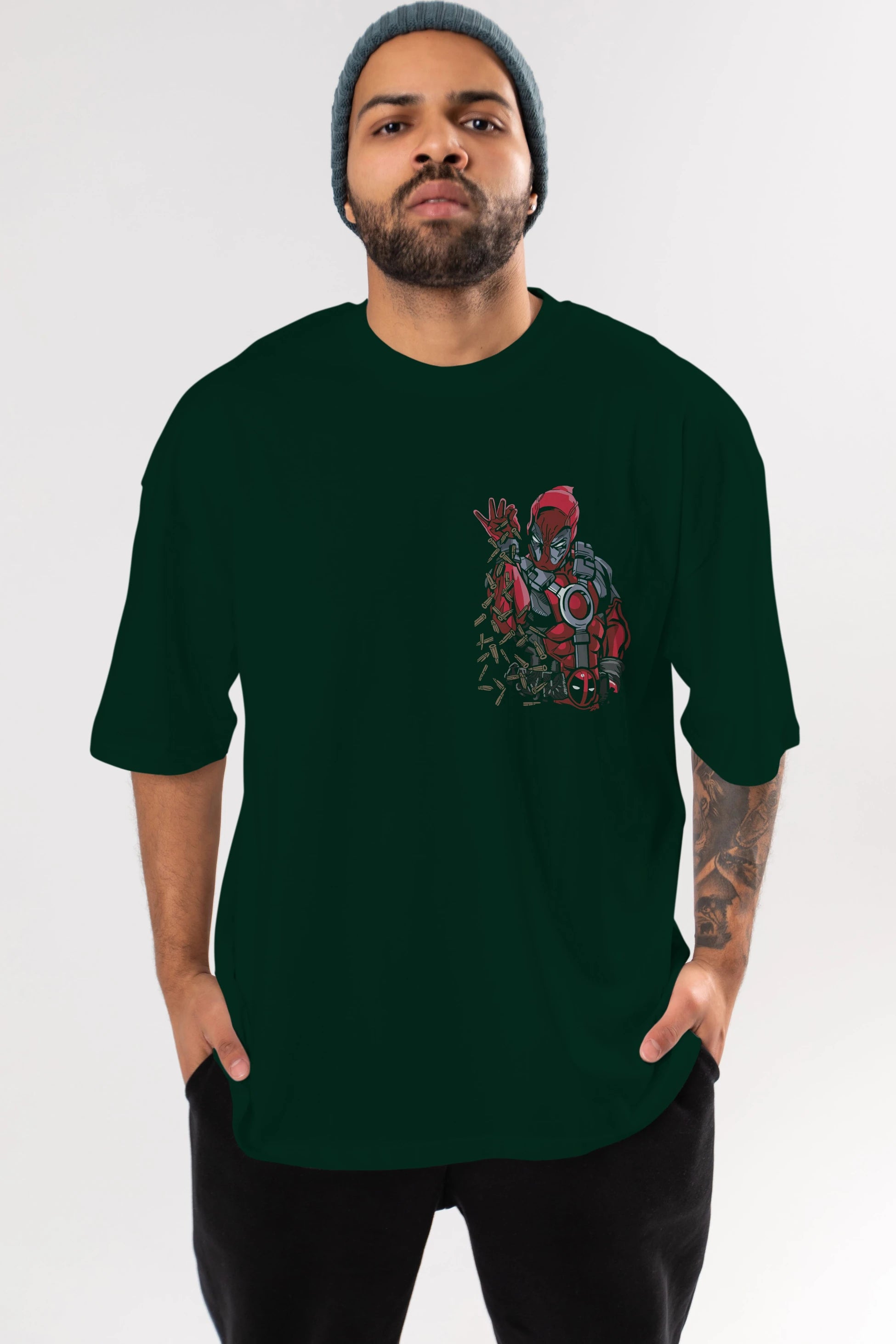 Deadpool (2) Ön Sol Baskılı Oversize t-shirt Erkek Kadın Unisex %100 Pamuk Bisiklet Yaka tişort