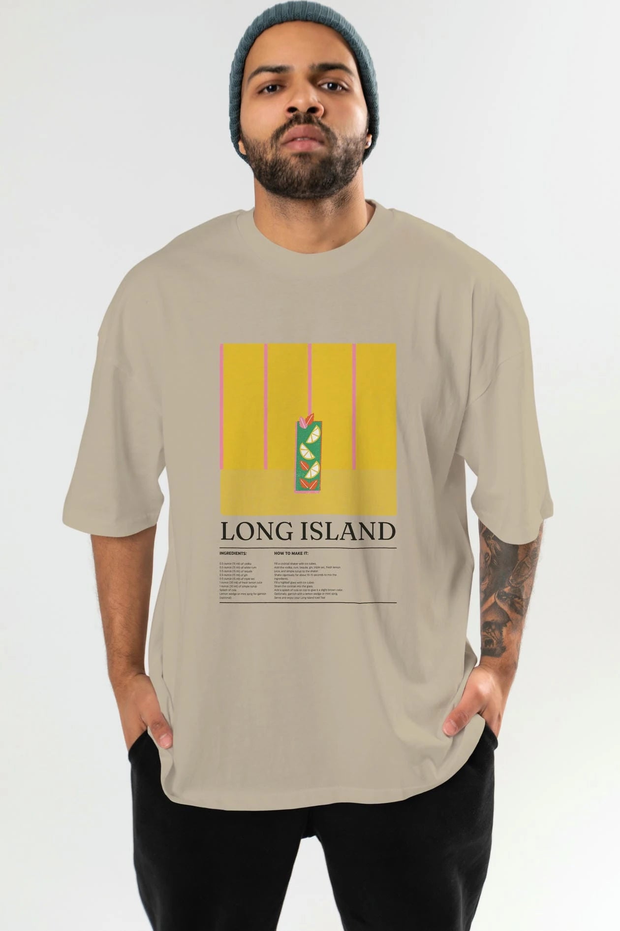Long Island Kokteyl Ön Baskılı Oversize t-shirt Erkek Kadın %100 Pamuk Bisiklet Yaka tişort