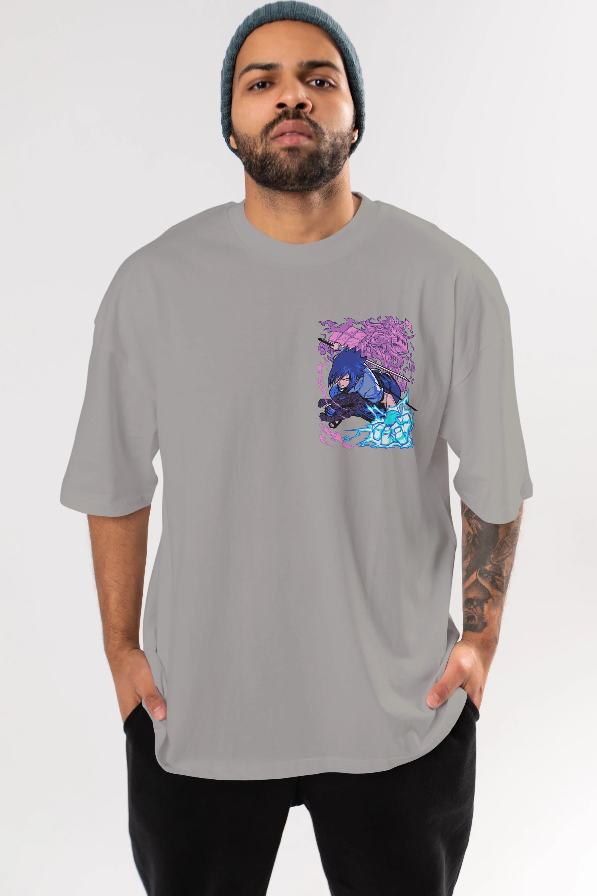 NARUTO SASUKE UCHIHA 2 Ön Sol Baskılı Oversize t-shirt Erkek Kadın Unisex %100 Pamuk Bisiklet Yaka tişort