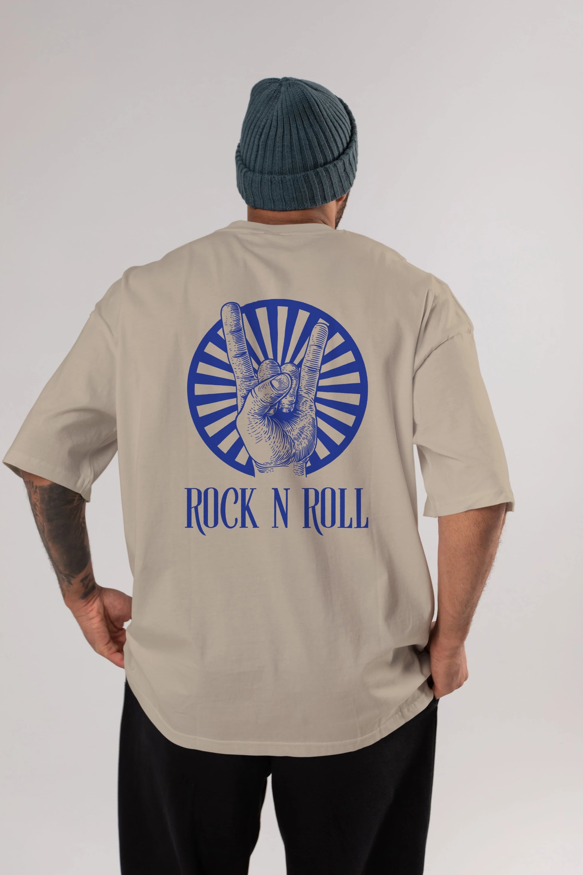 Rock N Roll Yazılı Arka Baskılı Oversize t-shirt Erkek Kadın Unisex