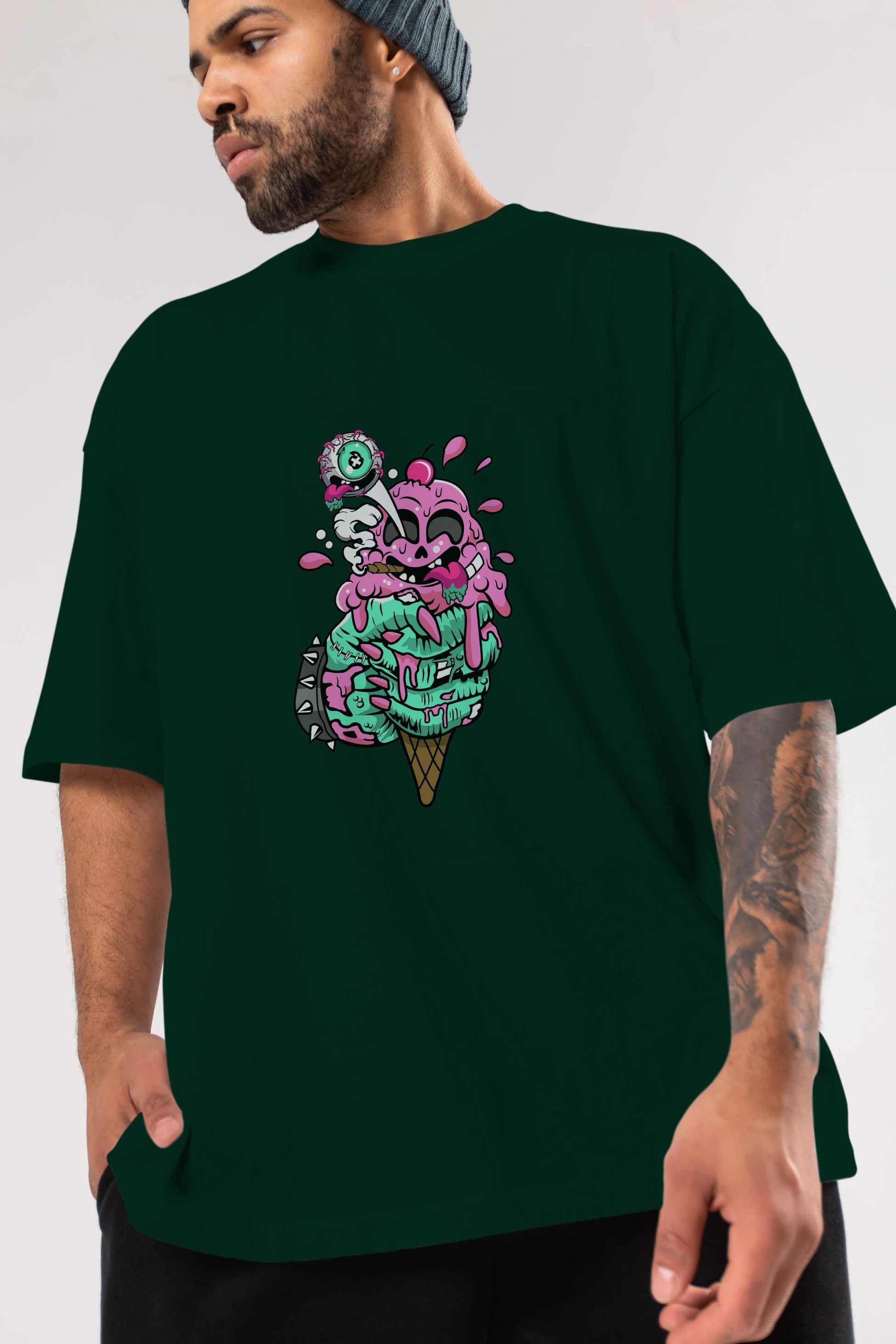 Ice Cream Zombie Ön Baskılı Oversize t-shirt Erkek Kadın Unisex %100 Pamuk tişort