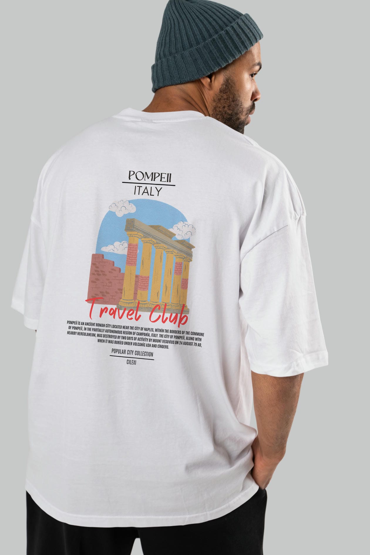 Pompeii İtaly Arka Baskılı Oversize t-shirt Erkek Kadın Pamuk Bisiklet Yaka tişort