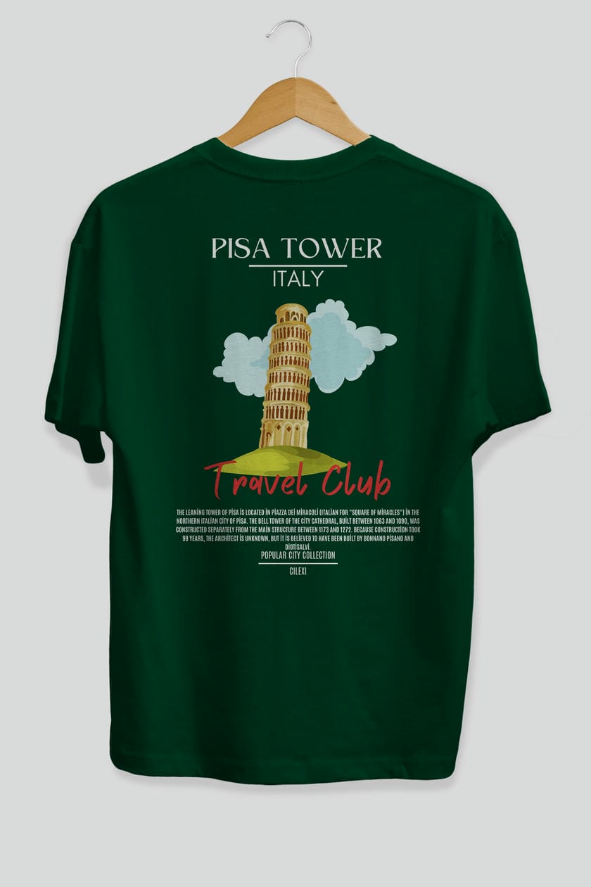 Pisa Tower İtaly Arka Baskılı Oversize t-shirt Erkek Kadın Pamuk Bisiklet Yaka tişort