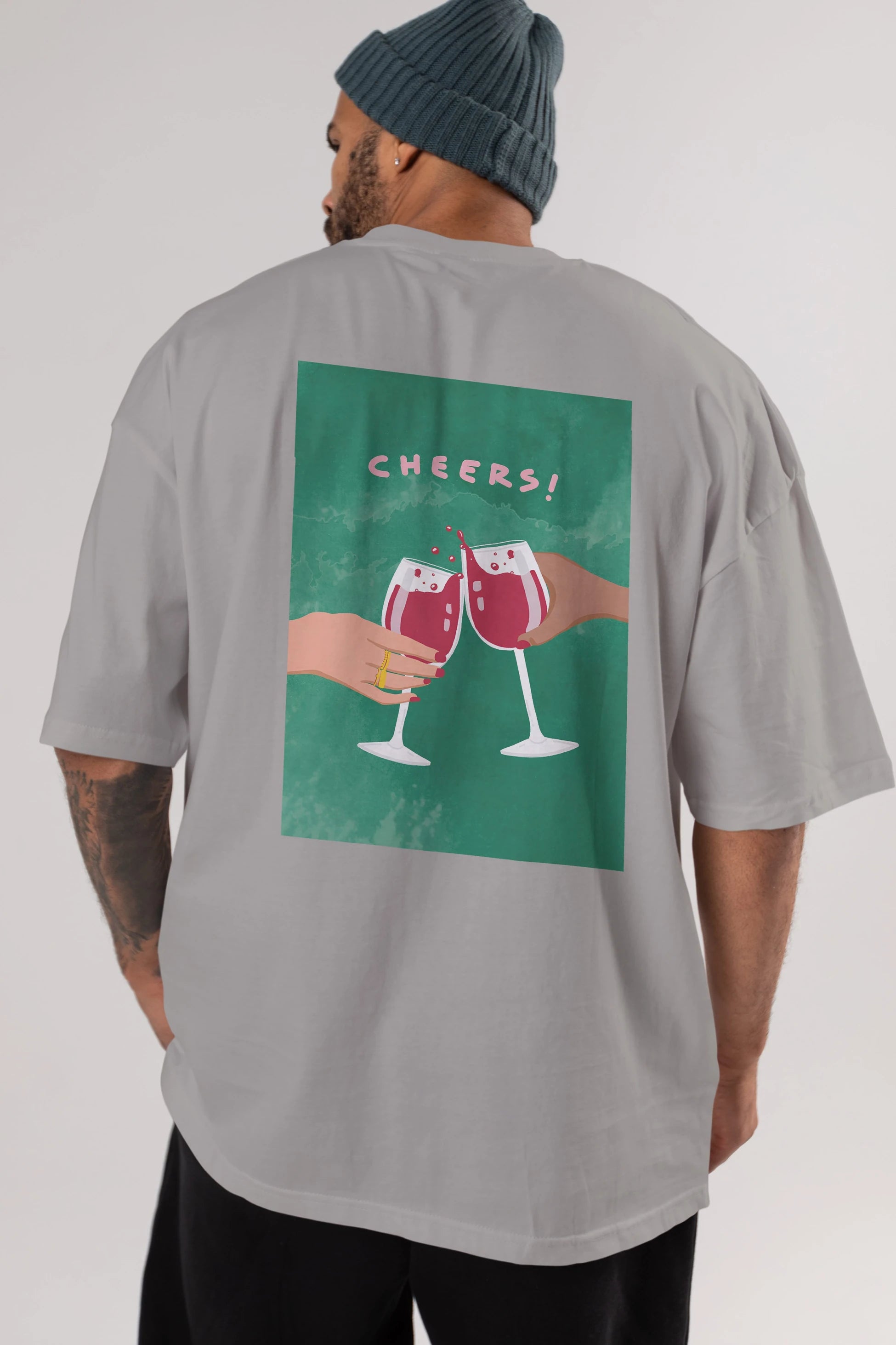 Cheers Arka Baskılı Oversize t-shirt Erkek Kadın Unisex %100 Pamuk Bisiklet Yaka tişort