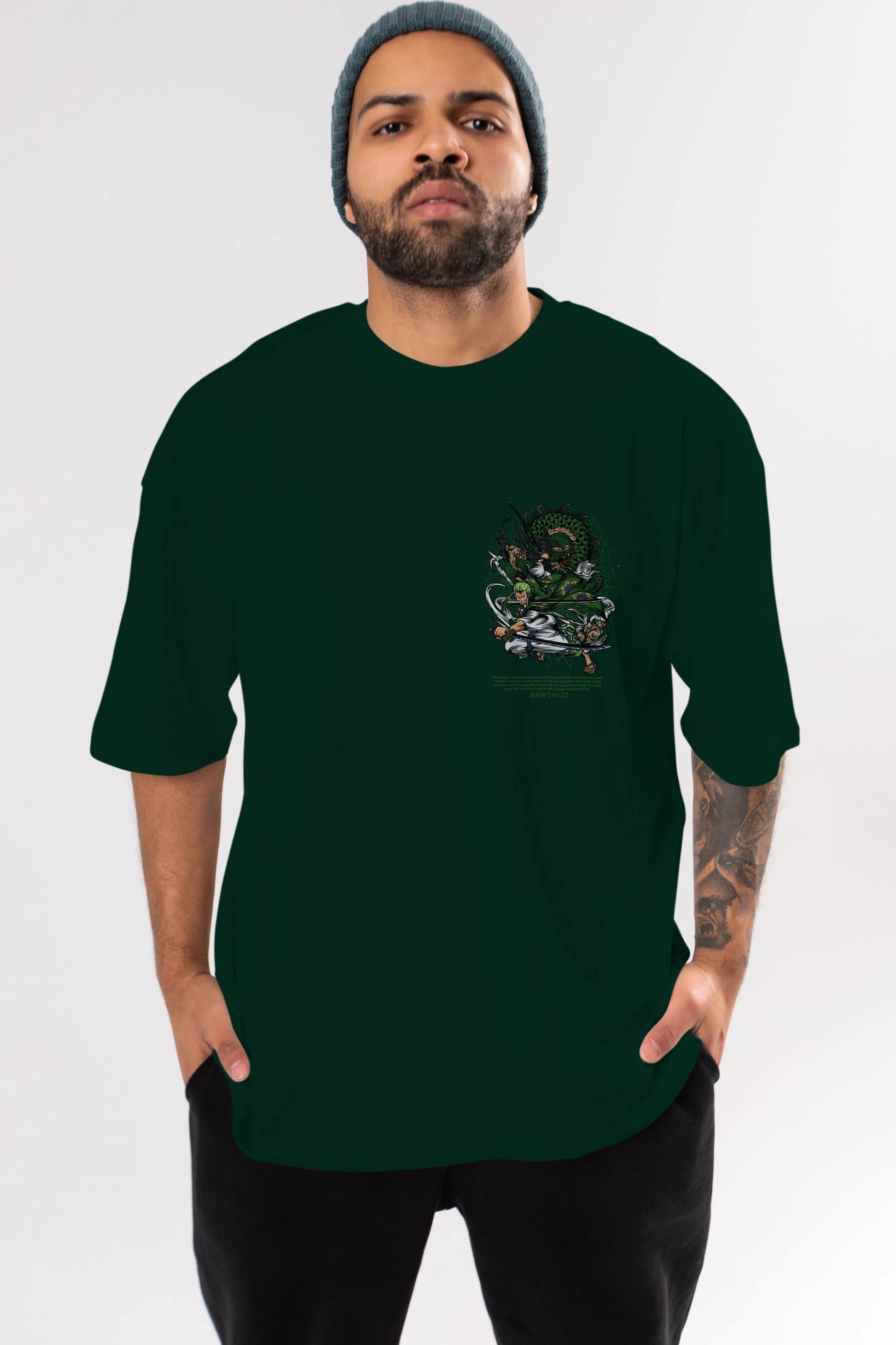 Zoro Ön Sol Baskılı Oversize t-shirt Erkek Kadın Unisex %100 Pamuk Bisiklet Yaka tişort