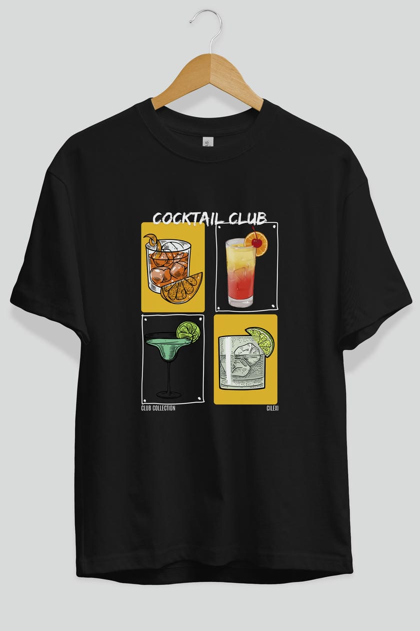 Cocktail Club ön Baskılı Oversize t-shirt Erkek Kadın %100 Pamuk Bisiklet Yaka tişort