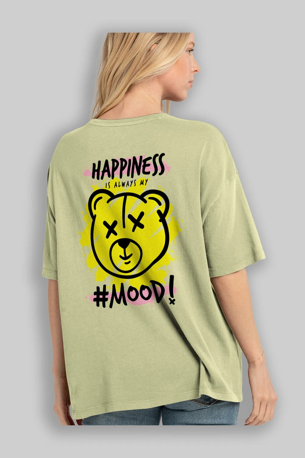 Happiness Mood Bear Arka Baskılı Oversize t-shirt Erkek Kadın Unisex
