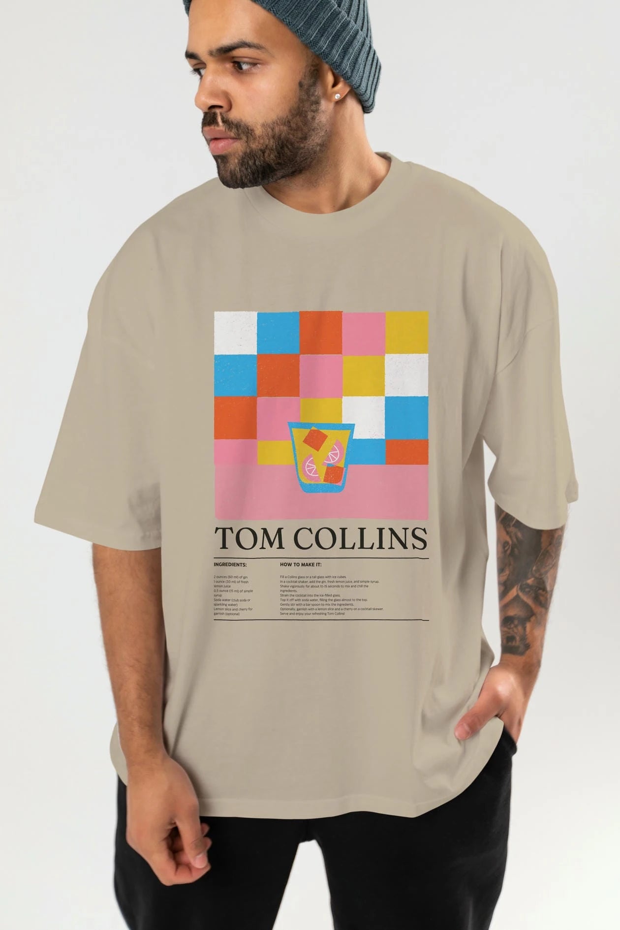 Tom Collins Kokteyl Ön Baskılı Oversize t-shirt Erkek Kadın %100 Pamuk Bisiklet Yaka tişort