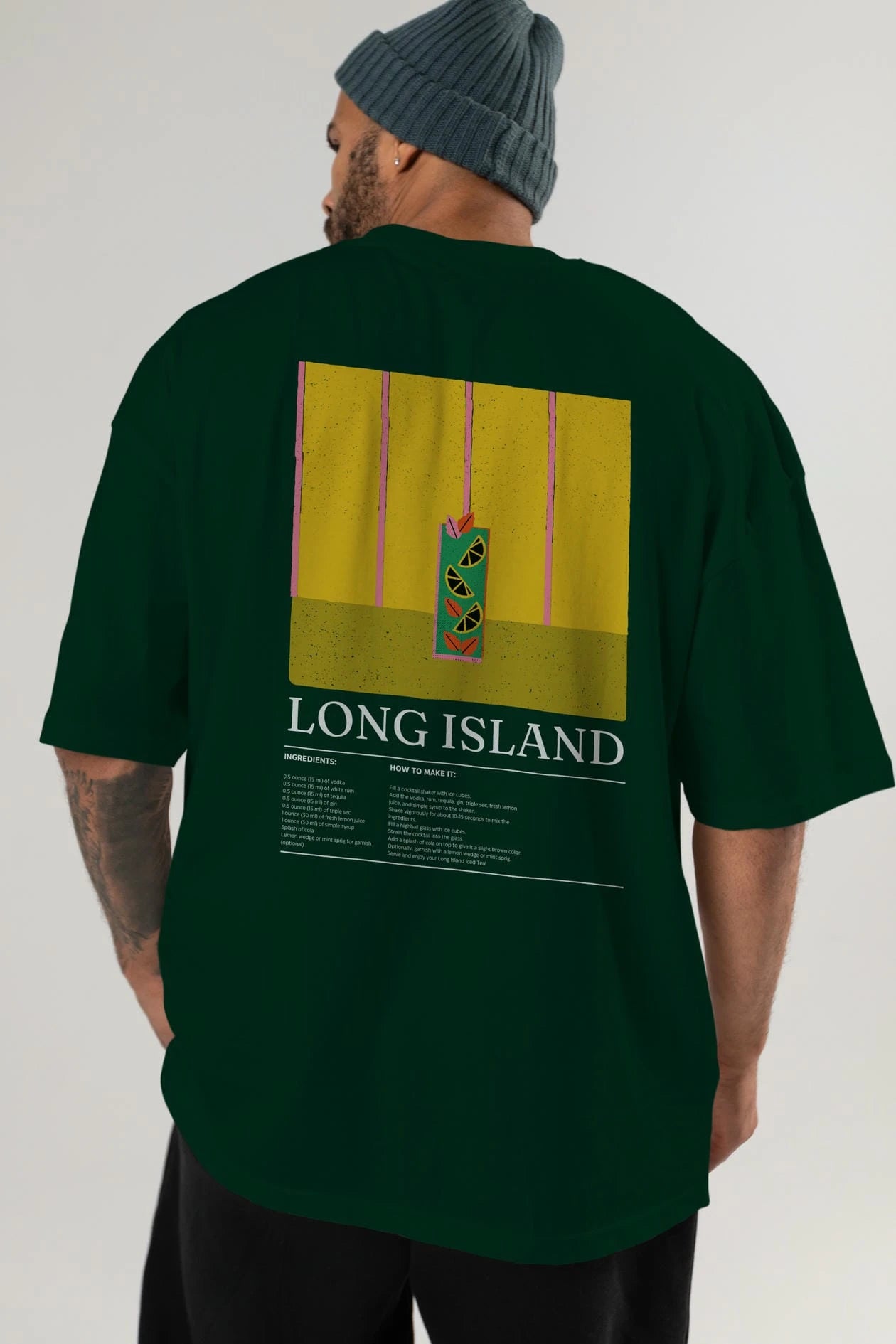 Long Island Kokteyl Serisi Arka Baskılı Oversize t-shirt Erkek Kadın %100 Pamuk Bisiklet Yaka tişort