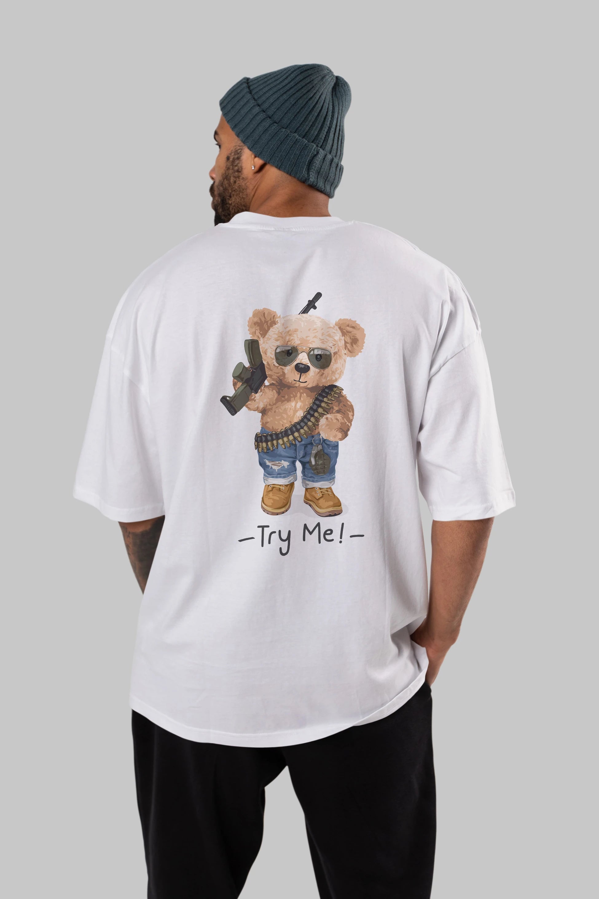 Teddy Bear Try Me Arka Baskılı Oversize t-shirt Erkek Kadın Unisex %100 Pamuk