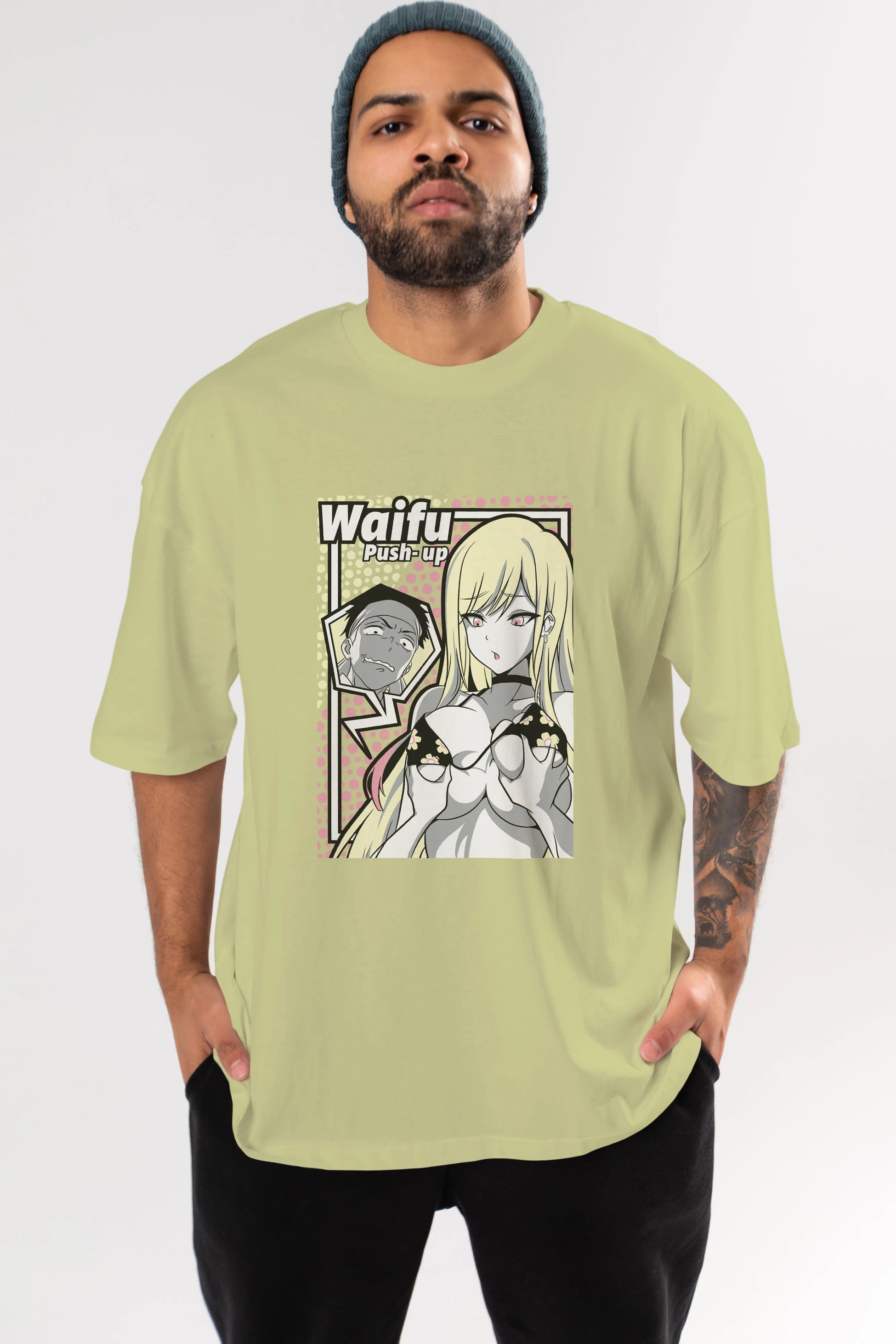 Waifu PushUp Anime Ön Baskılı Oversize t-shirt %100 pamuk Erkek Kadın Unisex