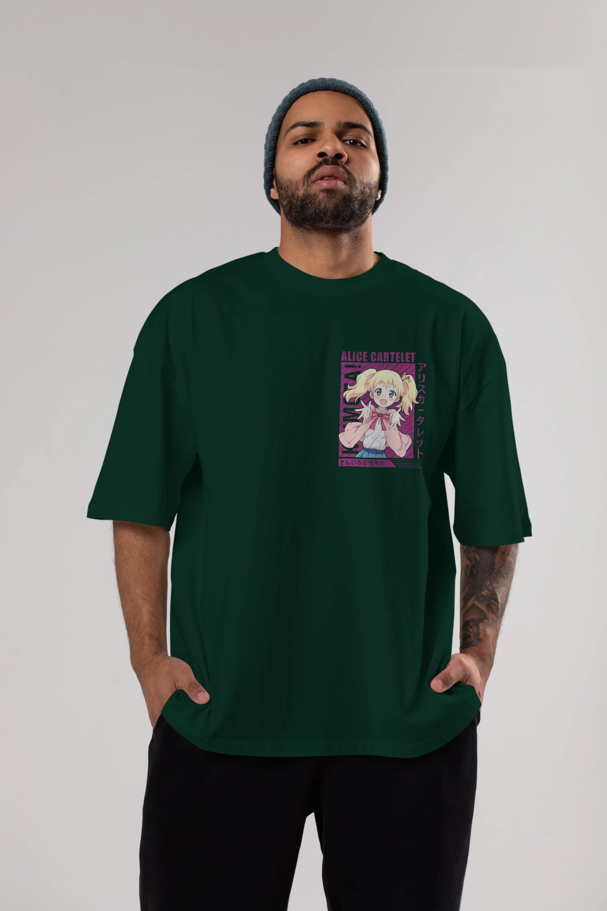 Alice Cartelet 12 Ön Sol Baskılı Oversize t-shirt Erkek Kadın Unisex %100 Pamuk Bisiklet Yaka tişort