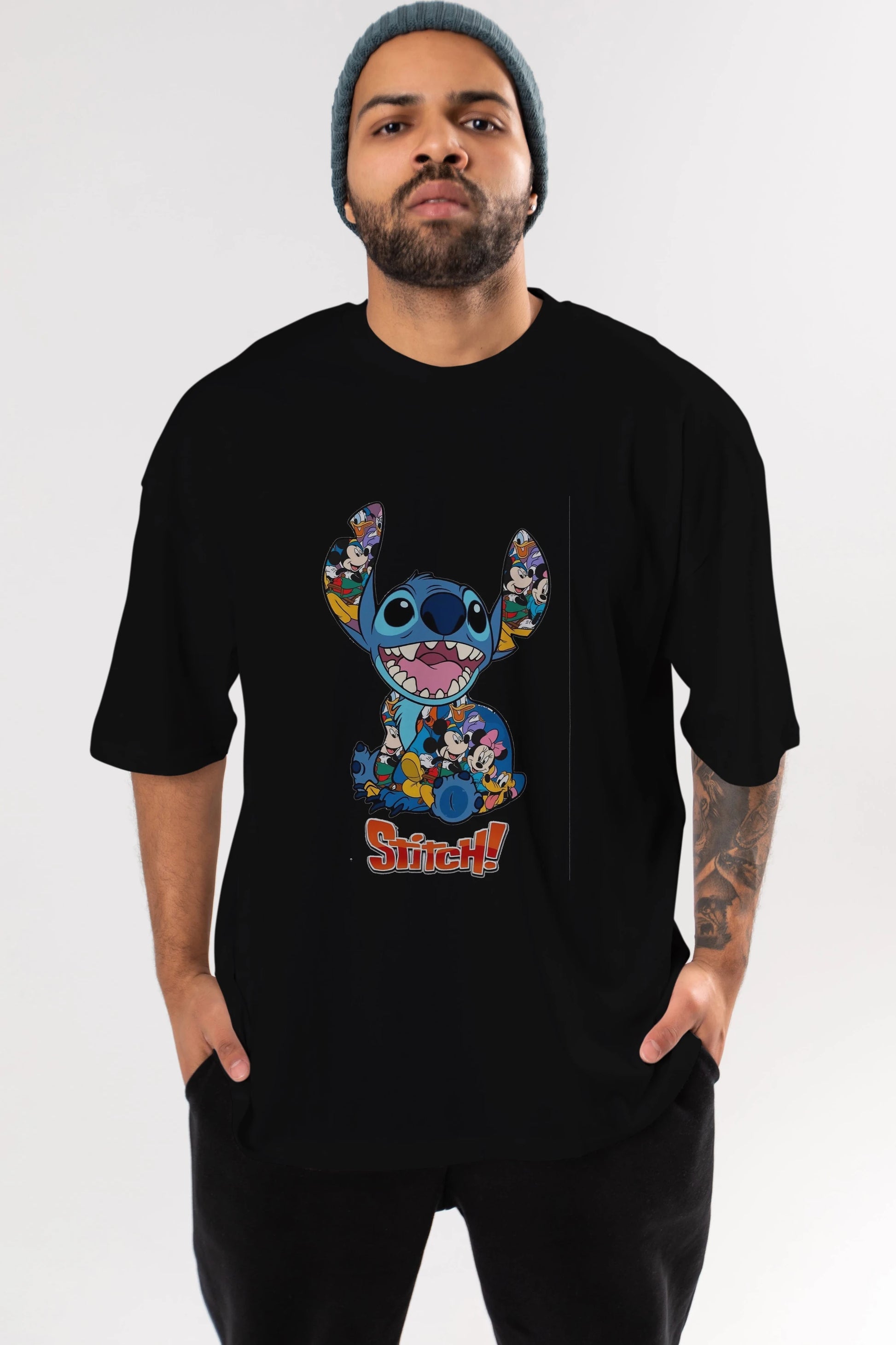 Stitch Ön Baskılı Oversize t-shirt Erkek Kadın Unisex %100 Pamuk Bisiklet Yaka tişort