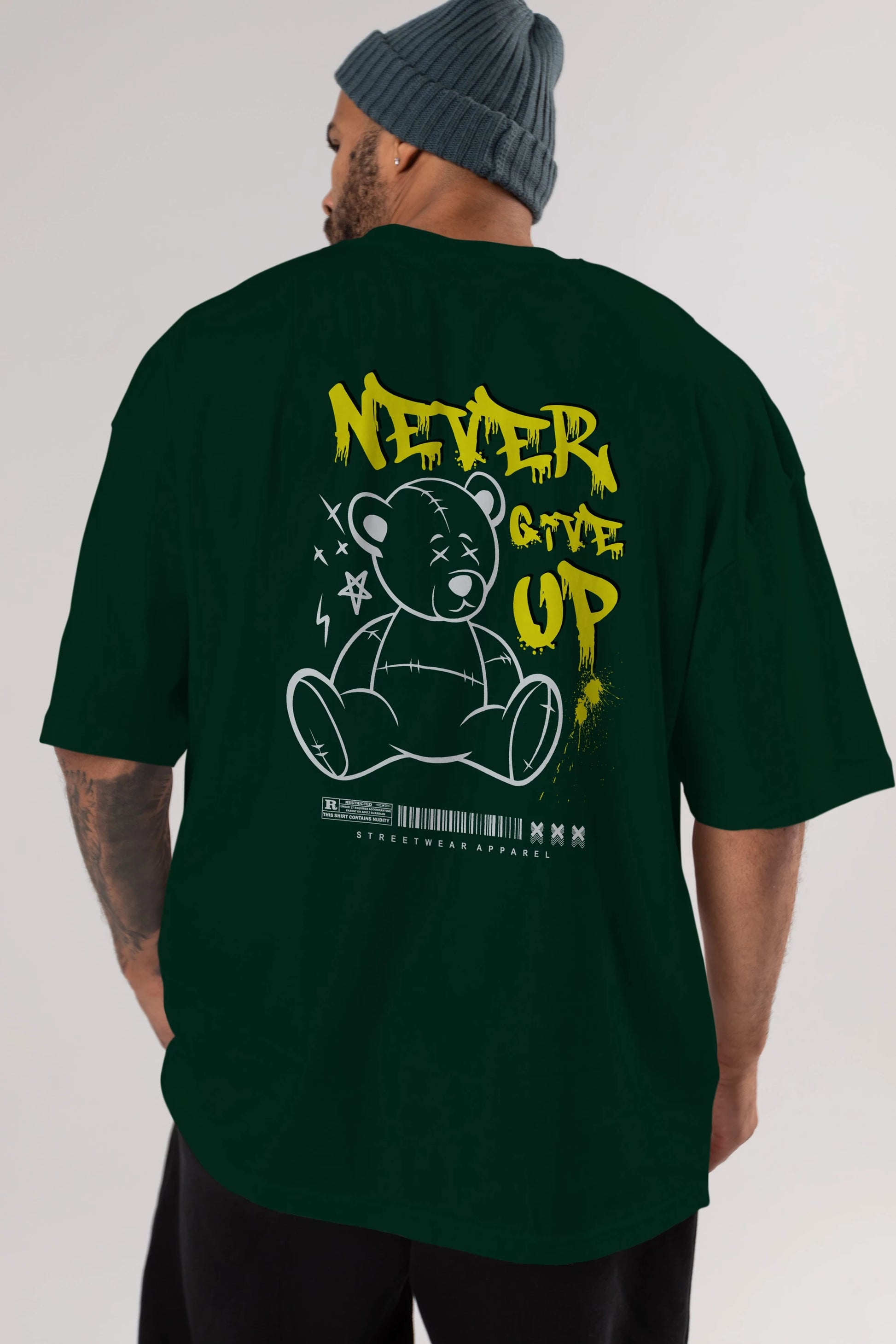 Teddy Bear Never Give Up Arka Baskılı Oversize t-shirt Erkek Kadın Unisex