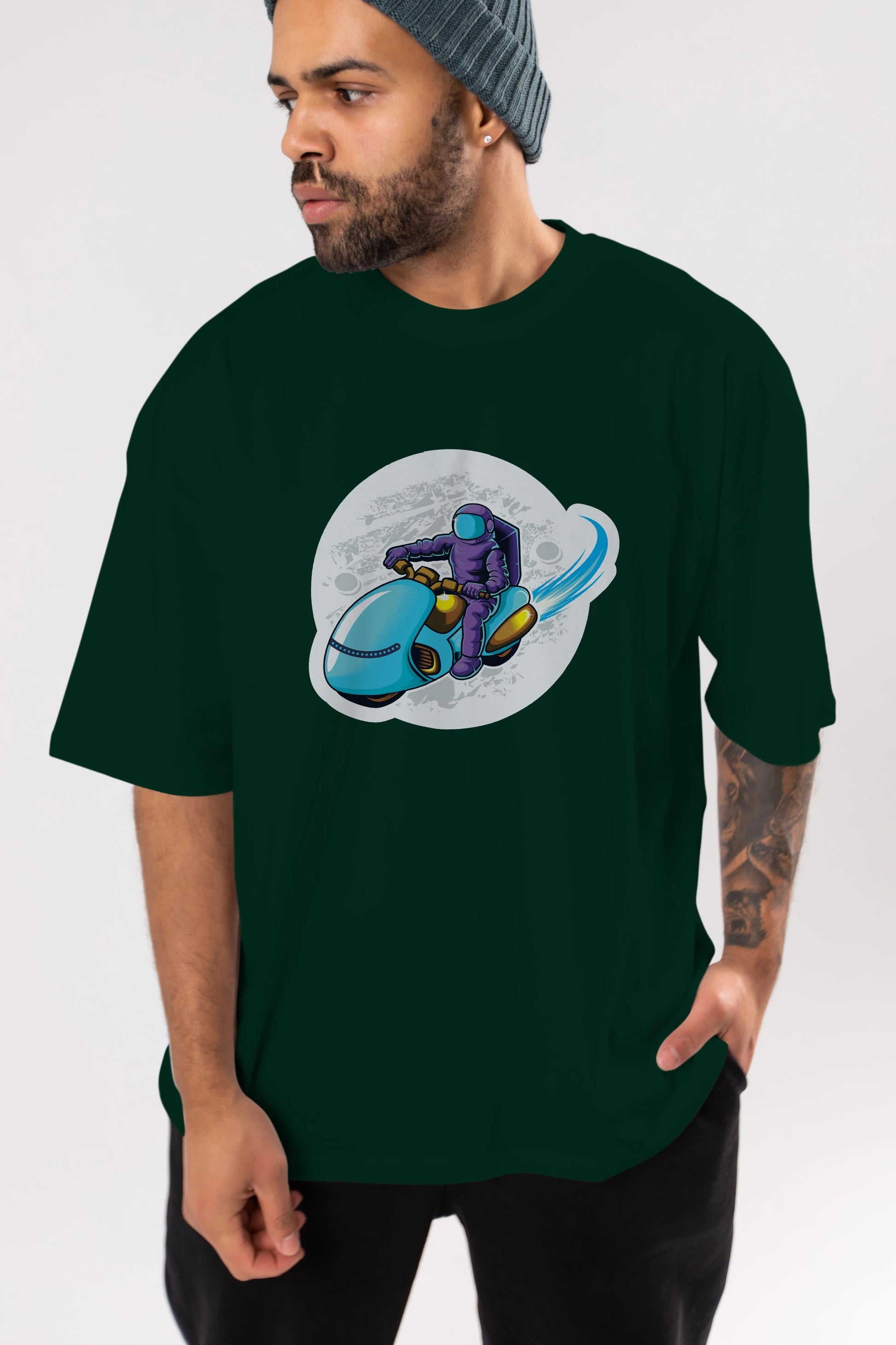 Astrorider in Space Sticker Ön Baskılı Oversize t-shirt Erkek Kadın Unisex