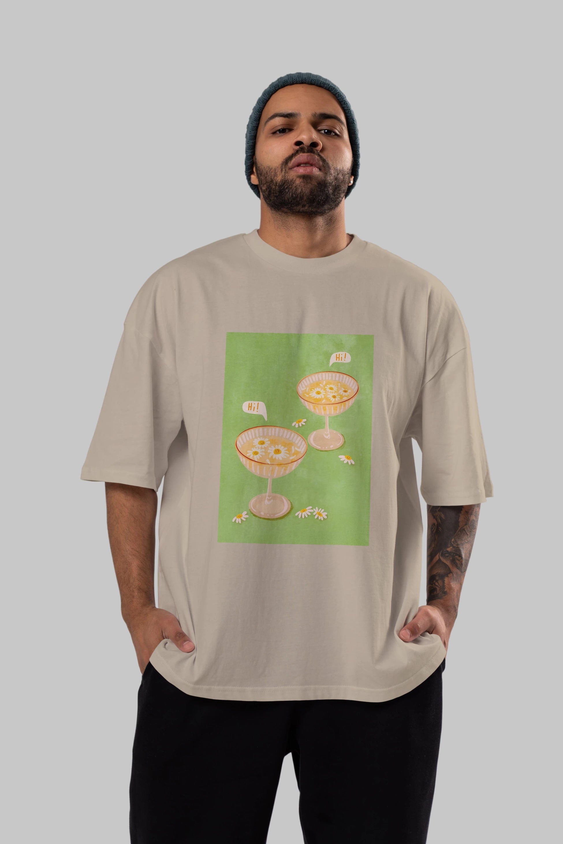 Hi Cheers Ön Baskılı Oversize t-shirt Erkek Kadın Unisex %100 Pamuk Bisiklet Yaka tişort