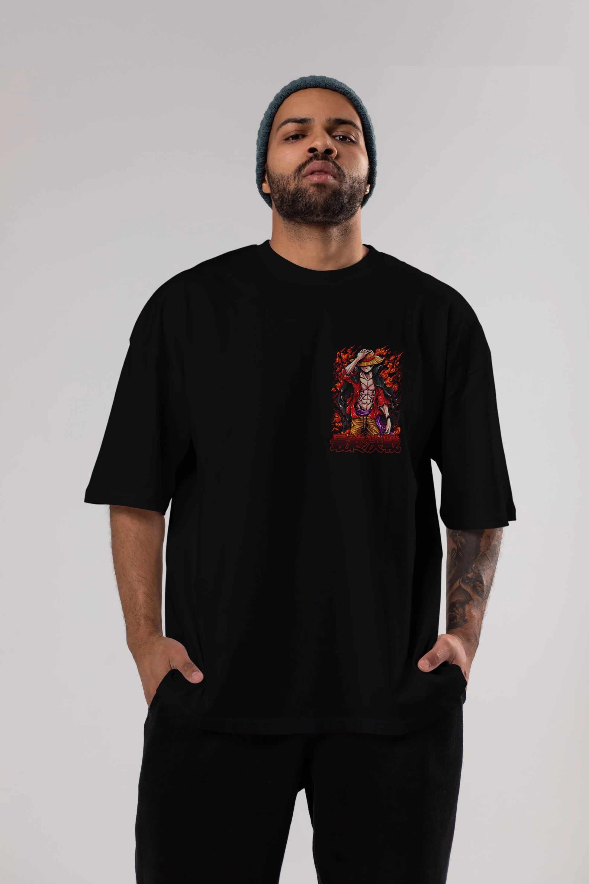 MONKEY D. LUFFY (3) Ön Sol Baskılı Oversize t-shirt Erkek Kadın Unisex %100 Pamuk Bisiklet Yaka tişort