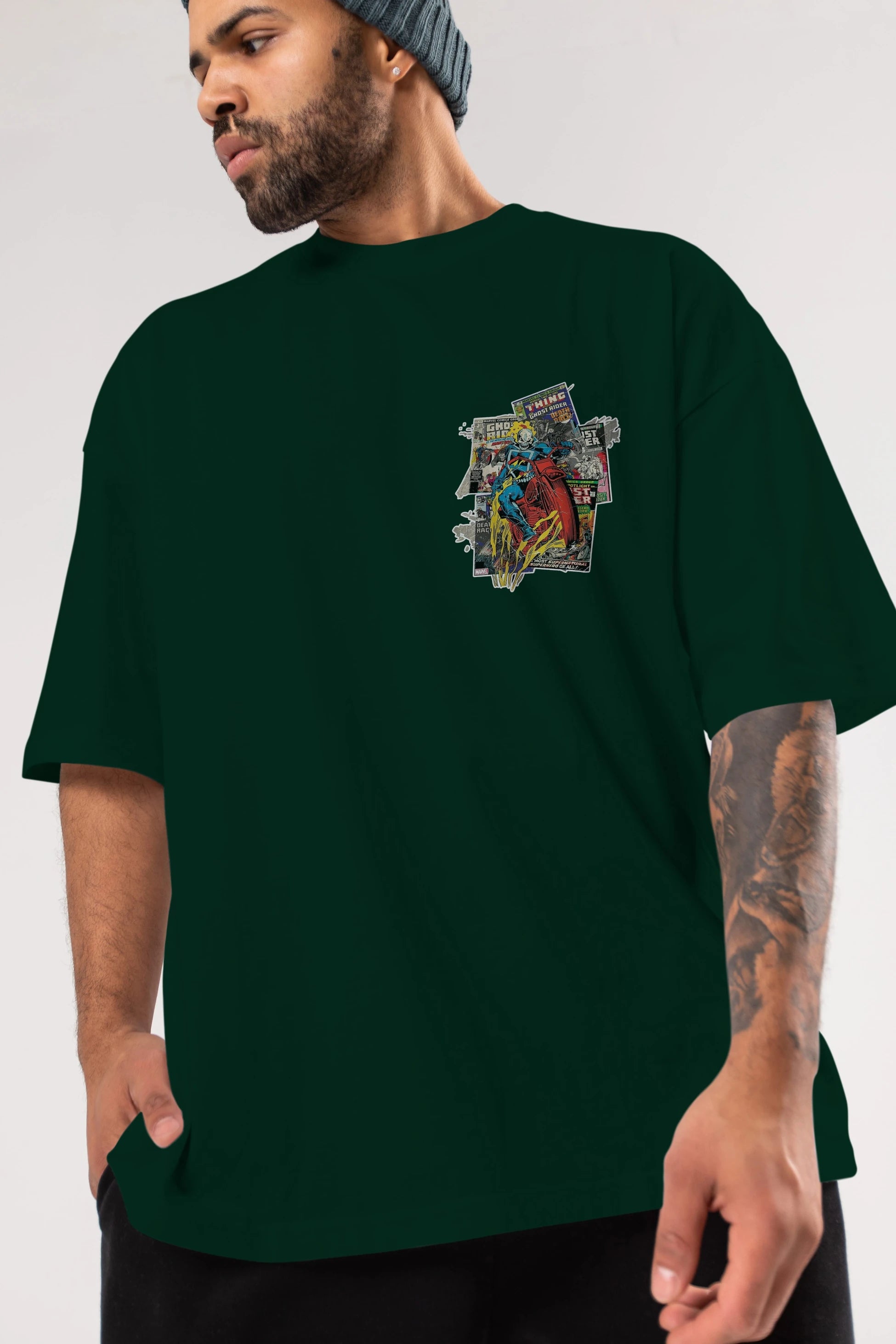 Ghost Rider Ön Sol Baskılı Oversize t-shirt Erkek Kadın Unisex %100 Pamuk Bisiklet Yaka tişort
