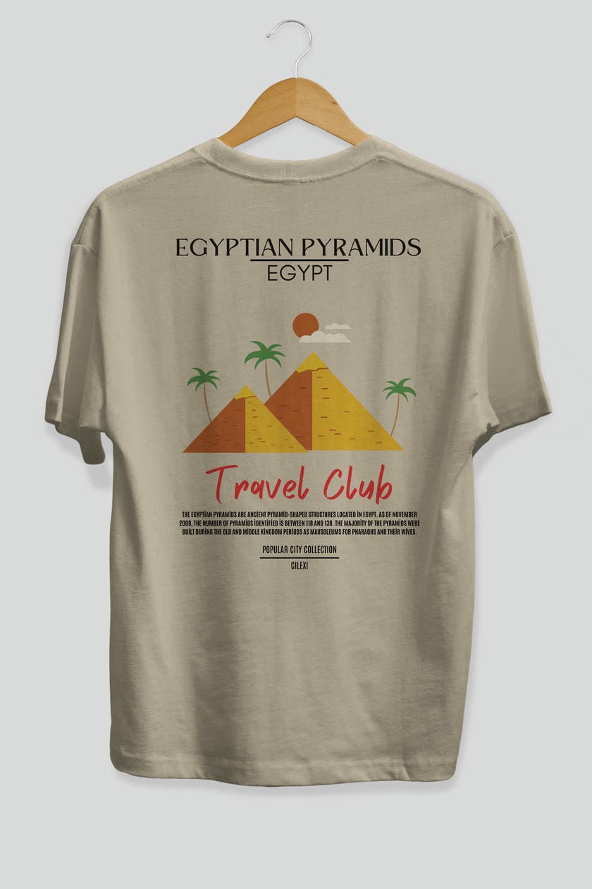 Egyptian Pyramids Egypt Arka Baskılı Oversize t-shirt Erkek Kadın Pamuk Bisiklet Yaka tişort