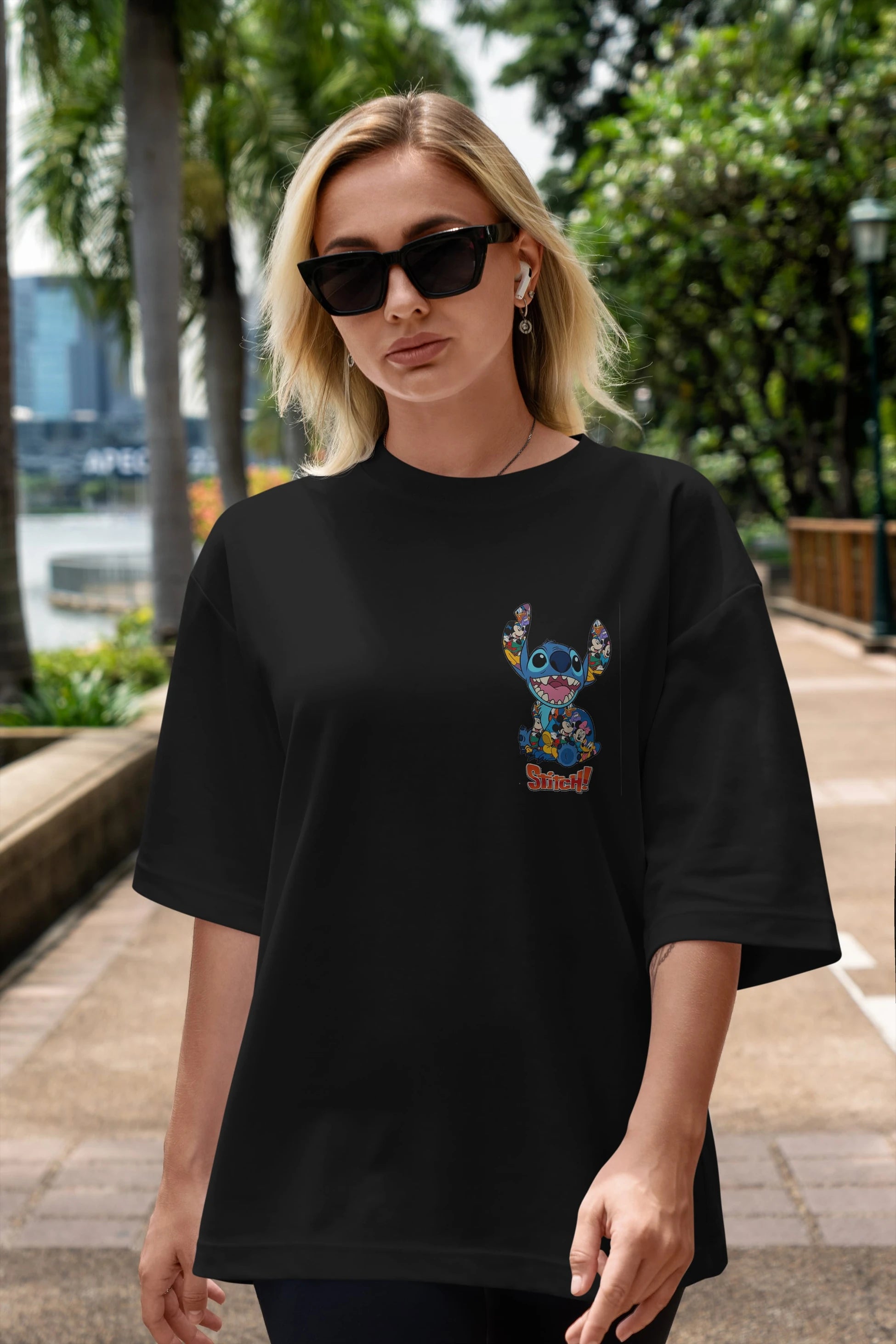 Stitch Ön Sol Baskılı Oversize t-shirt Erkek Kadın Unisex %100 Pamuk Bisiklet Yaka tişort