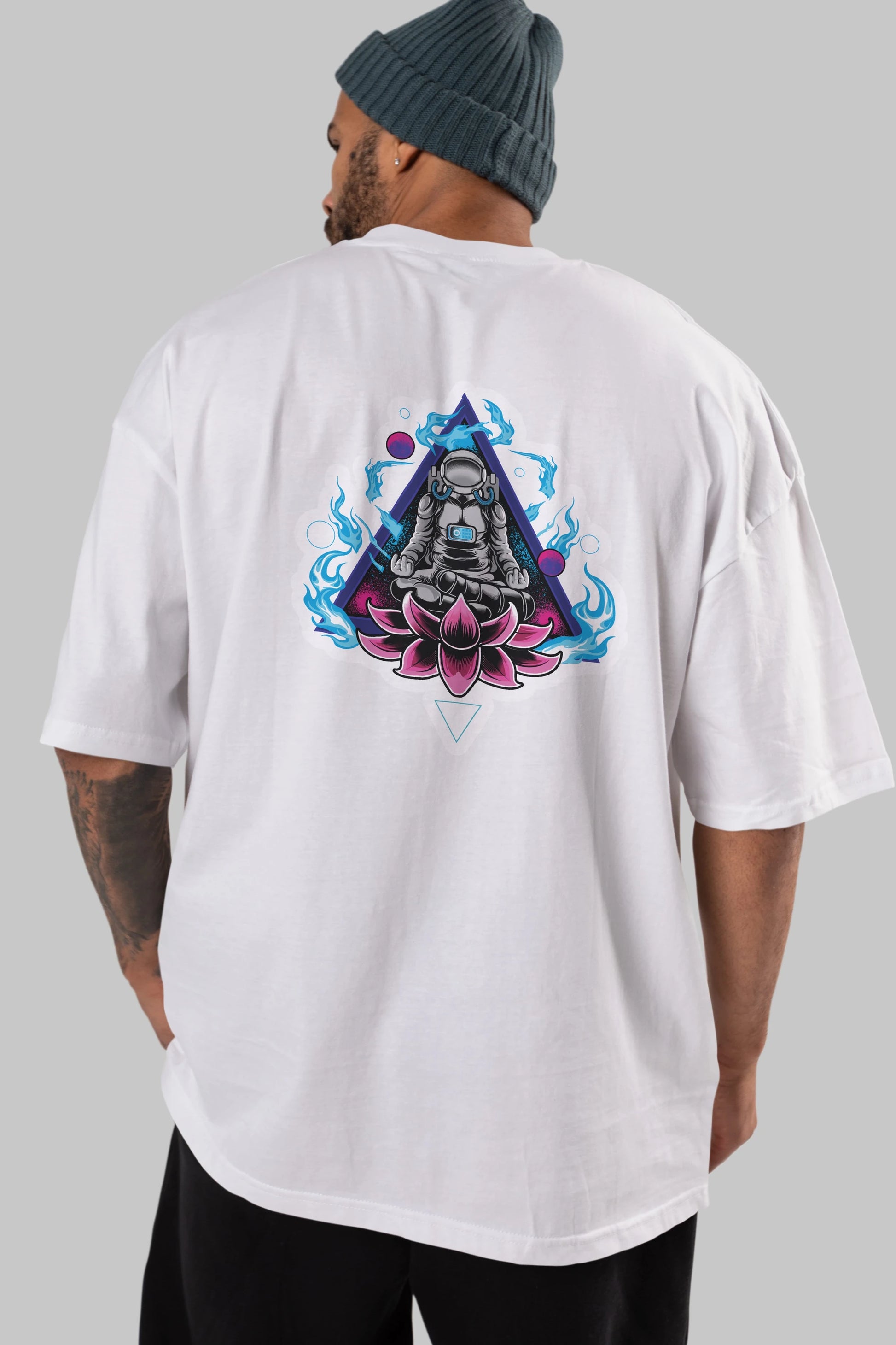 Astronaut Meditation Sticker Arka Baskılı Oversize t-shirt Erkek Kadın Unisex