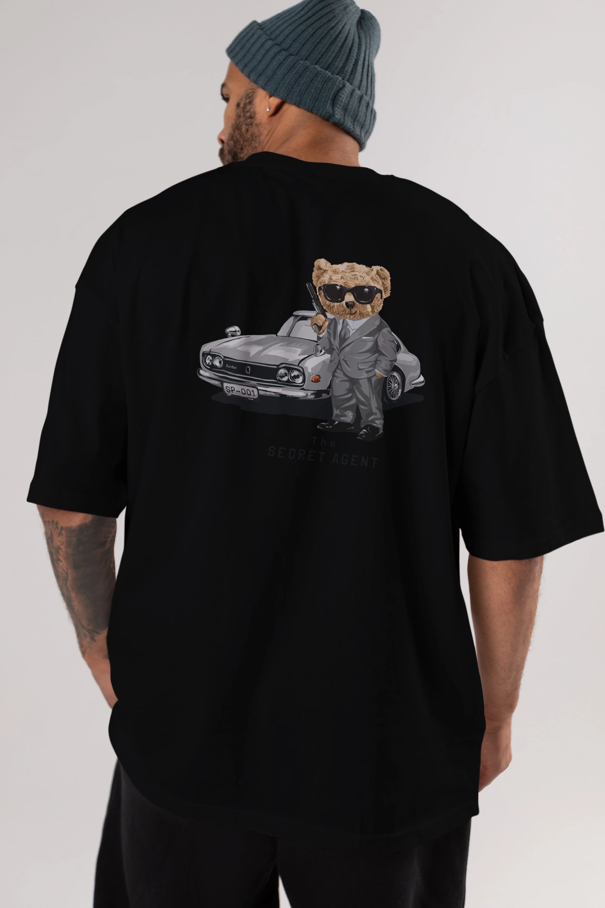 Teddy Bear The Secret Agent Arka Baskılı Oversize t-shirt Erkek Kadın Unisex %100 Pamuk