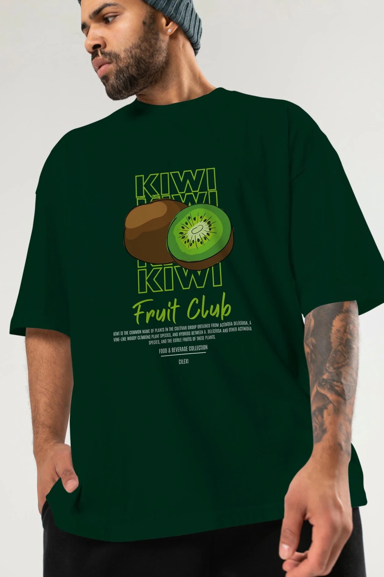 Kiwi Ön Baskılı Oversize t-shirt Erkek Kadın Pamuk Bisiklet Yaka tişort