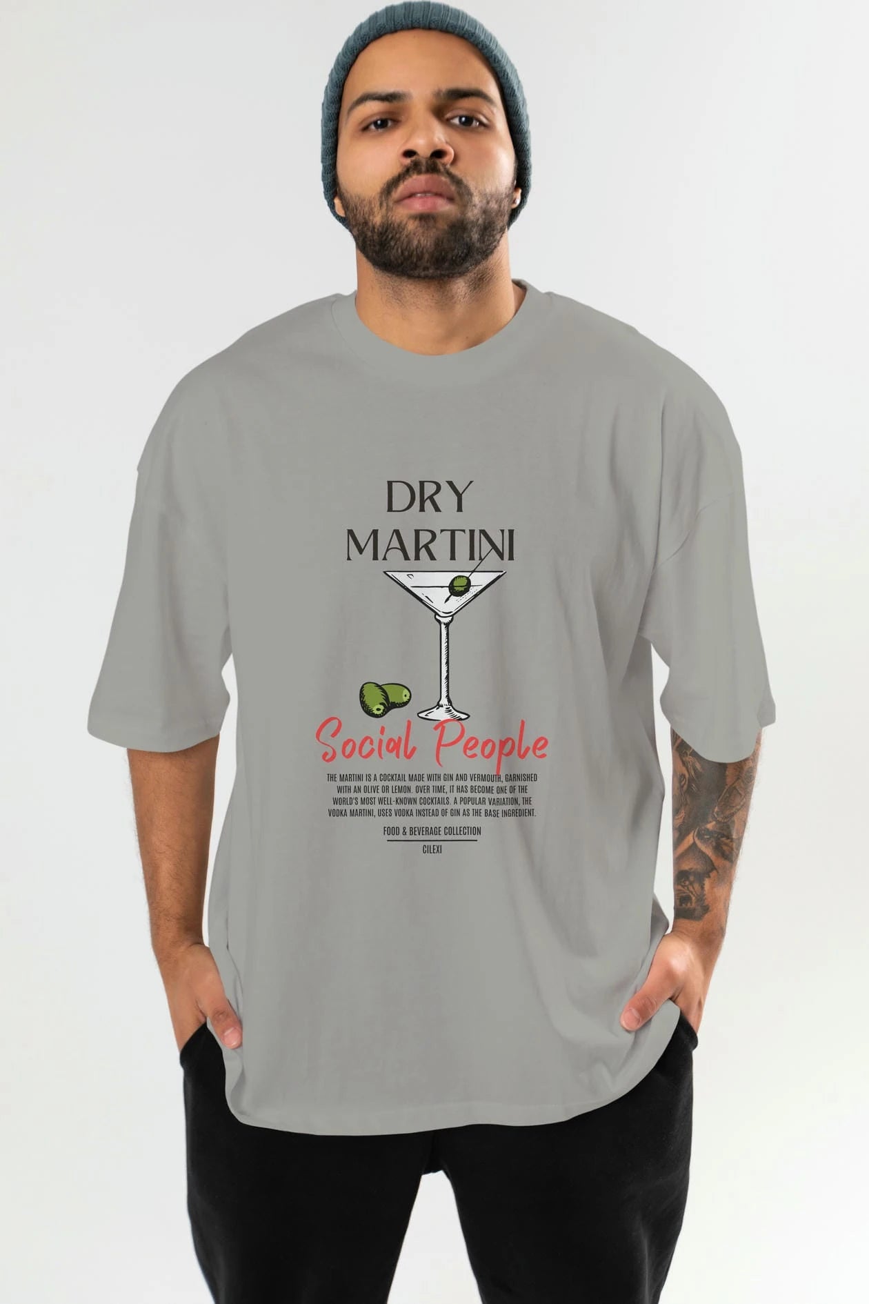 Dry Martını Kokteyl Serisi ön Baskılı Oversize t-shirt Erkek Kadın %100 Pamuk Bisiklet Yaka tişort