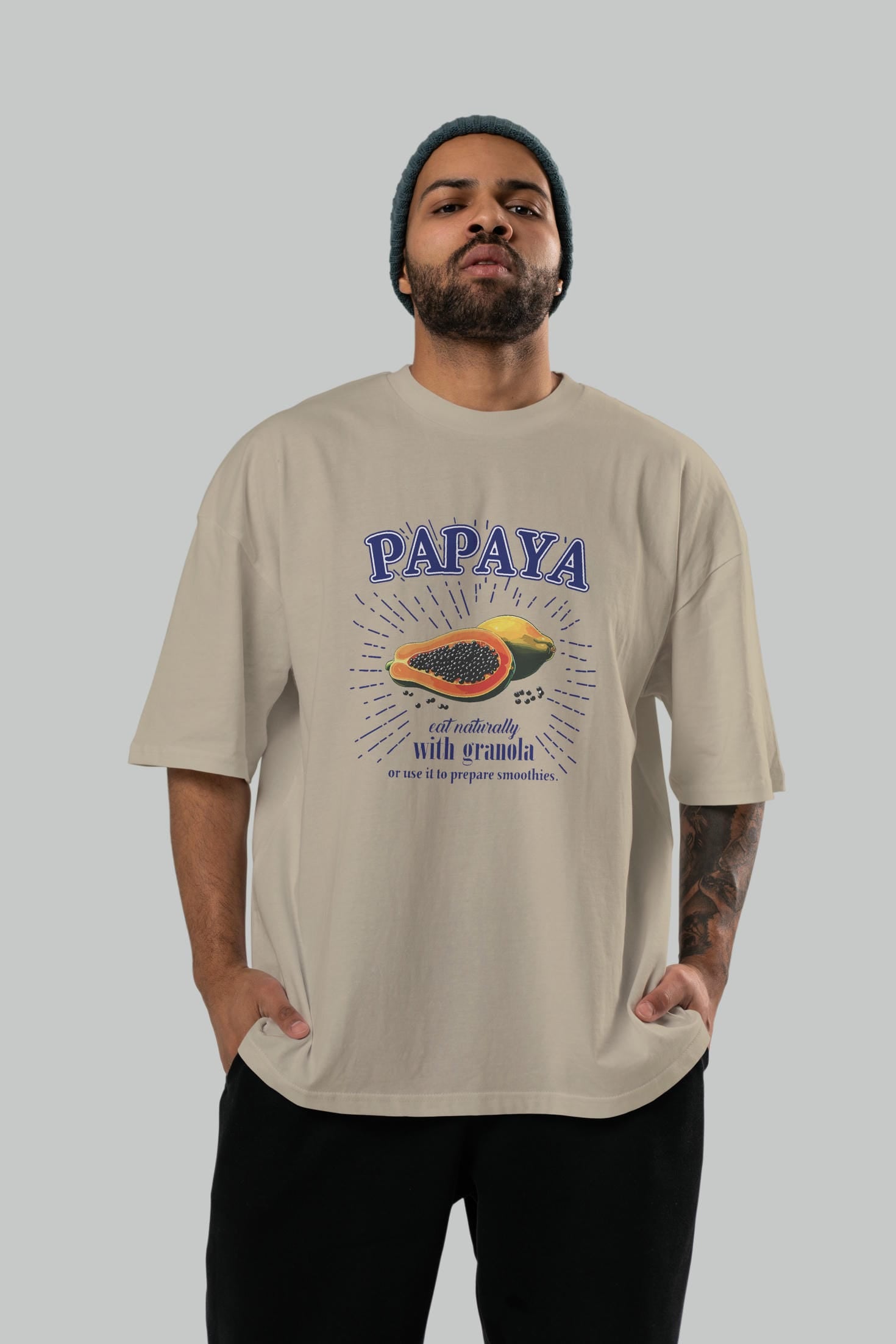 Papaya Ön Baskılı Oversize t-shirt Erkek Kadın Pamuk Bisiklet Yaka tişort